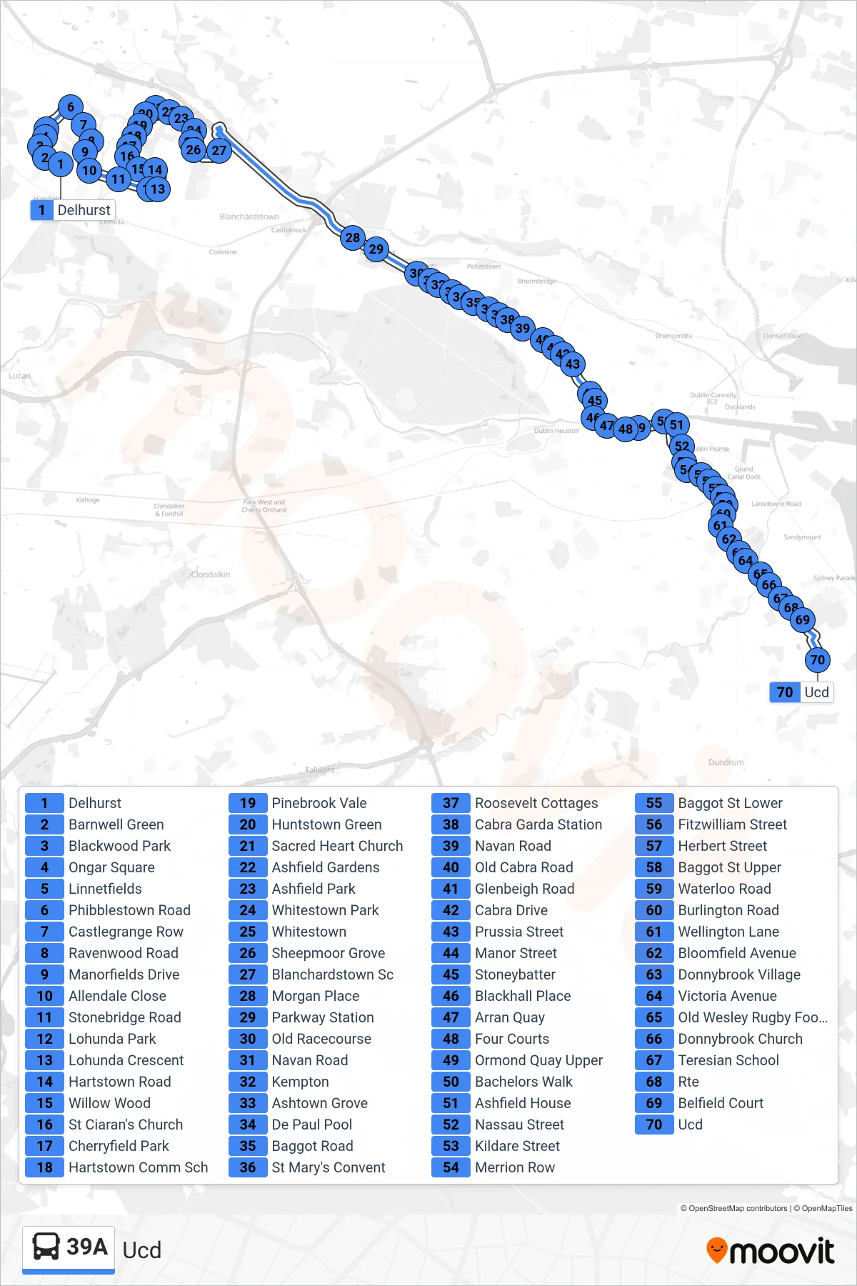 39A bus Line (Ucd) route and stops on a map