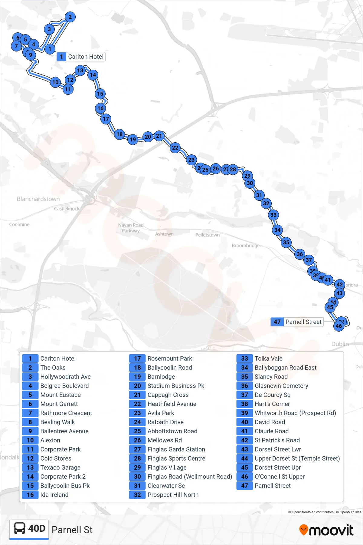 40D bus Line (Parnell St) route and stops on a map