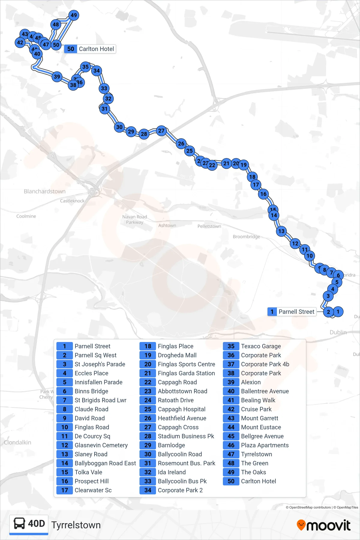 40D bus Line (Tyrrelstown) route and stops on a map