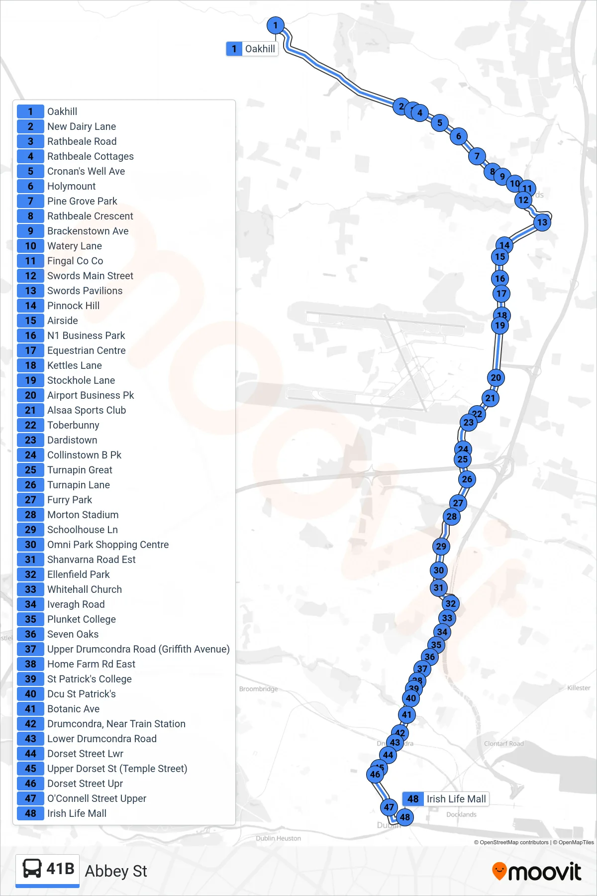 41B bus Line (Abbey St) route and stops on a map