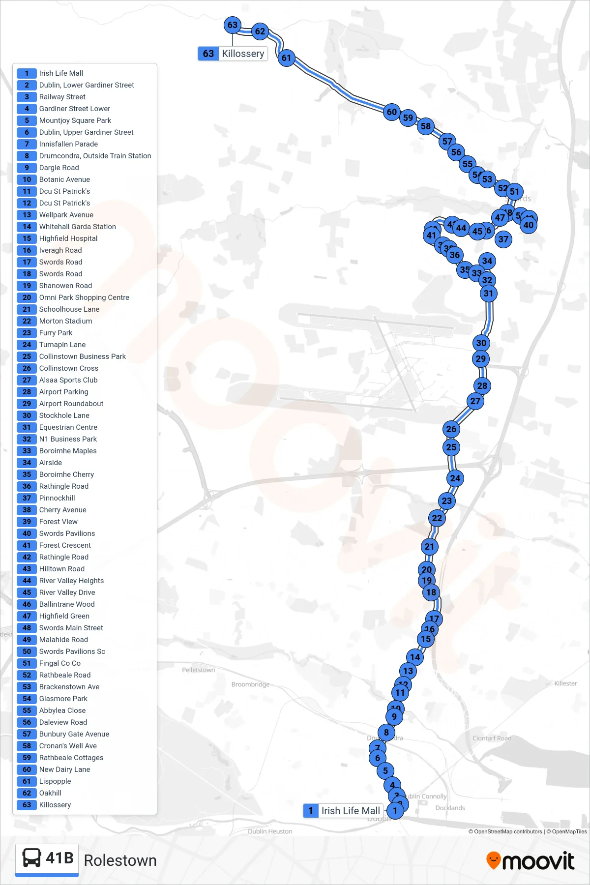 41B bus Line (Rolestown) route and stops on a map