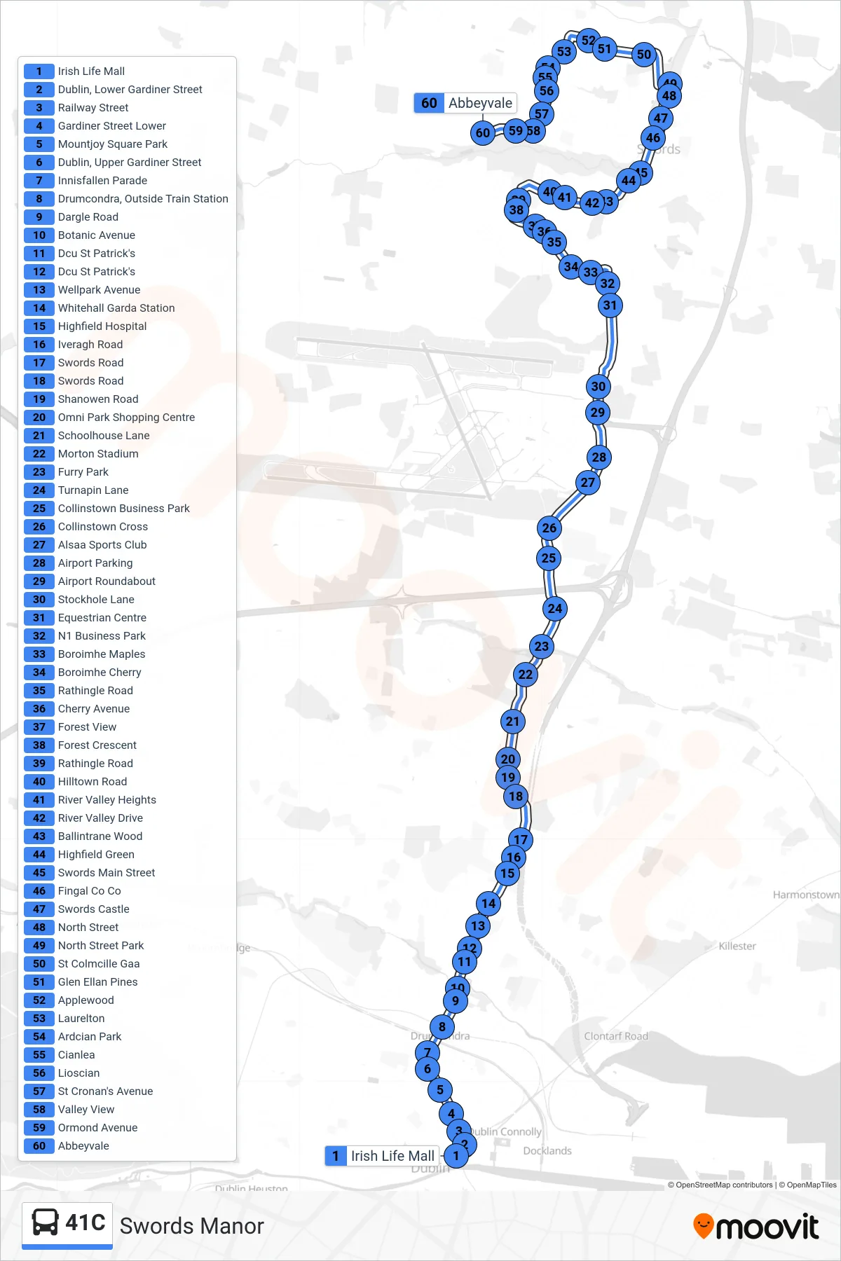 41C bus Line (Swords Manor) route and stops on a map