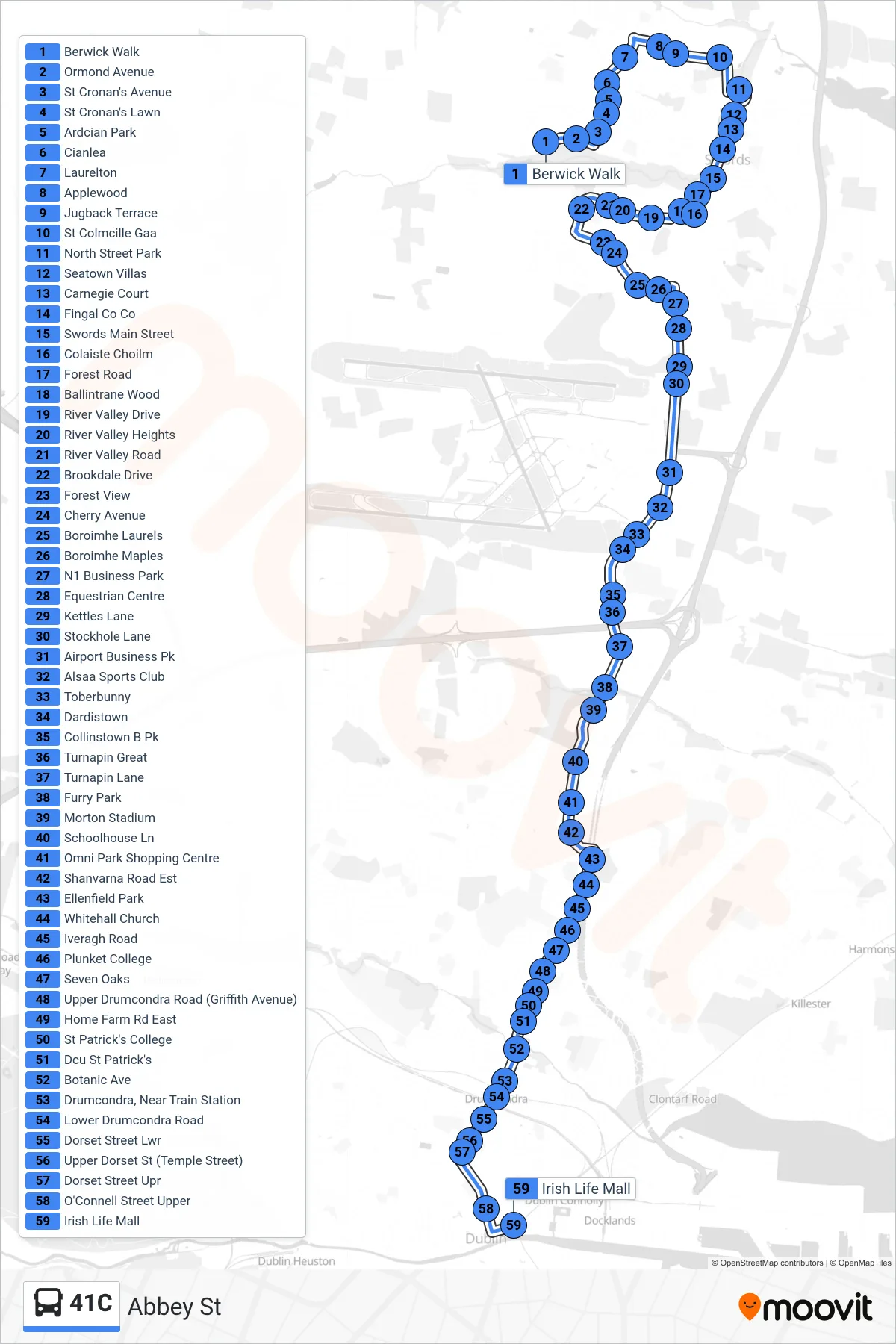 41C bus Line (Abbey St) route and stops on a map