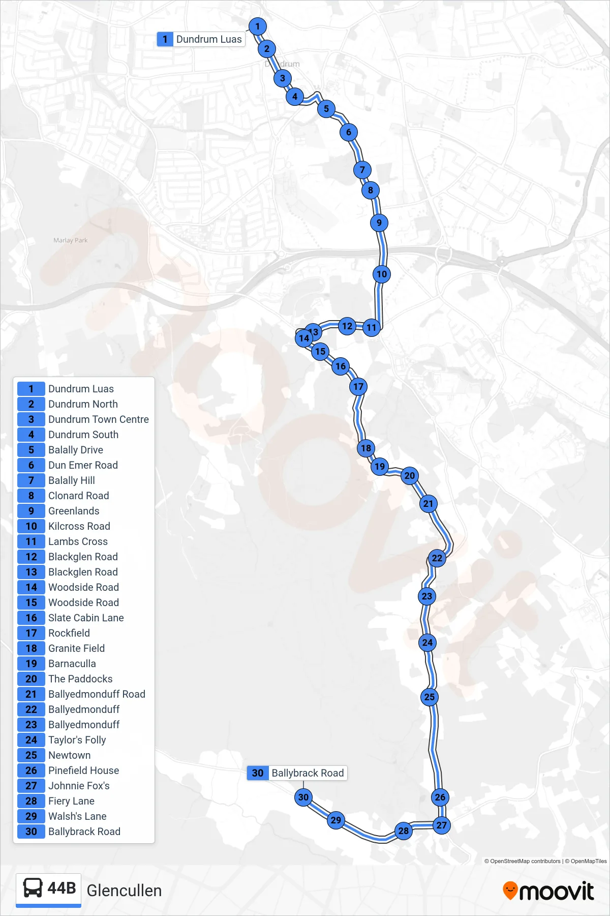 44B bus Line (Glencullen) route and stops on a map