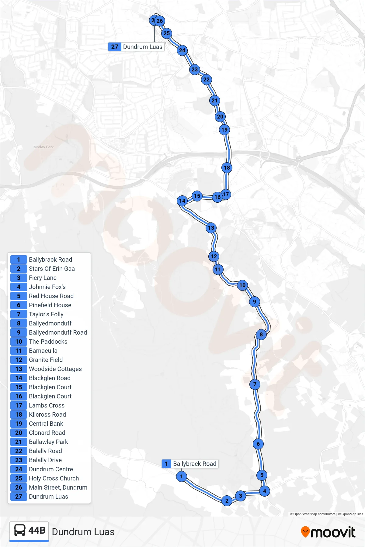 44B bus Line (Dundrum Luas) route and stops on a map