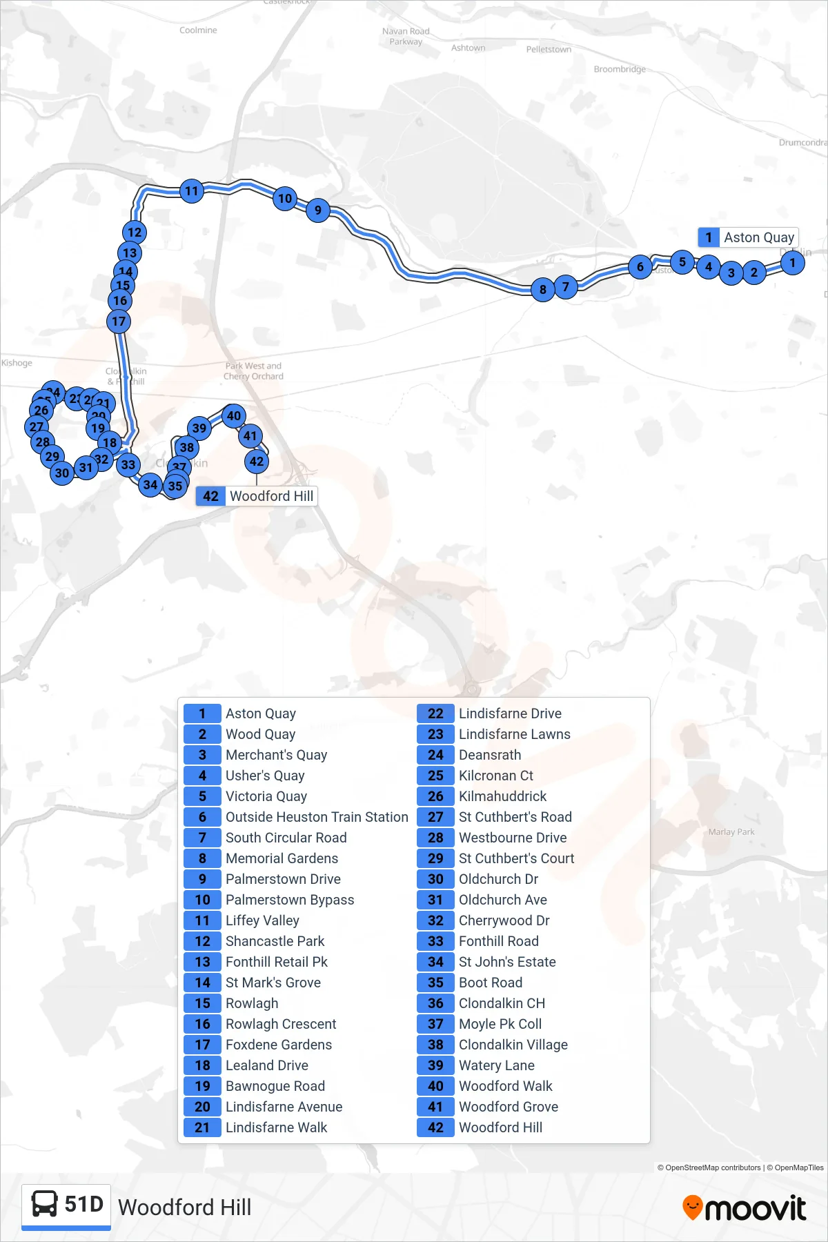 51D bus Line (Woodford Hill) route and stops on a map