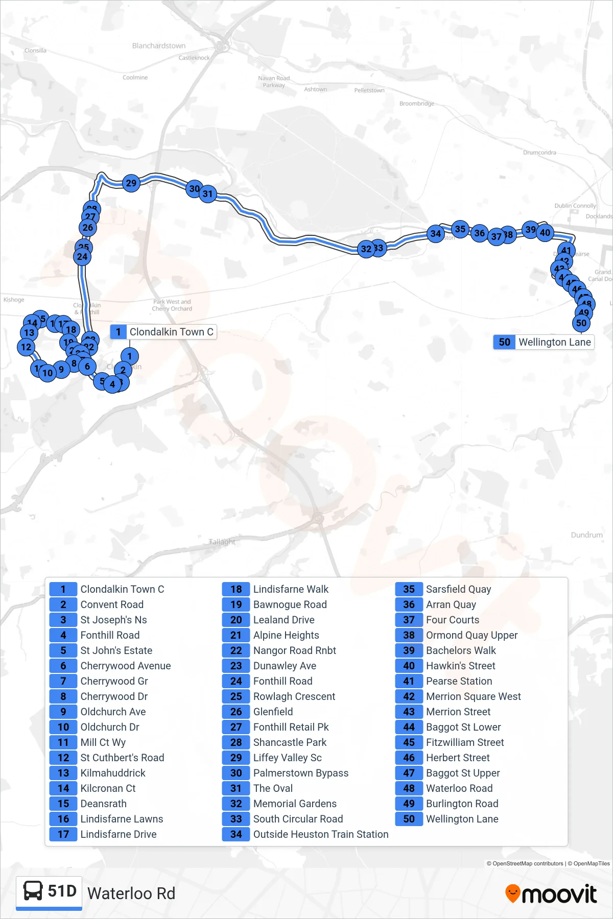 51D bus Line (Waterloo Rd) route and stops on a map