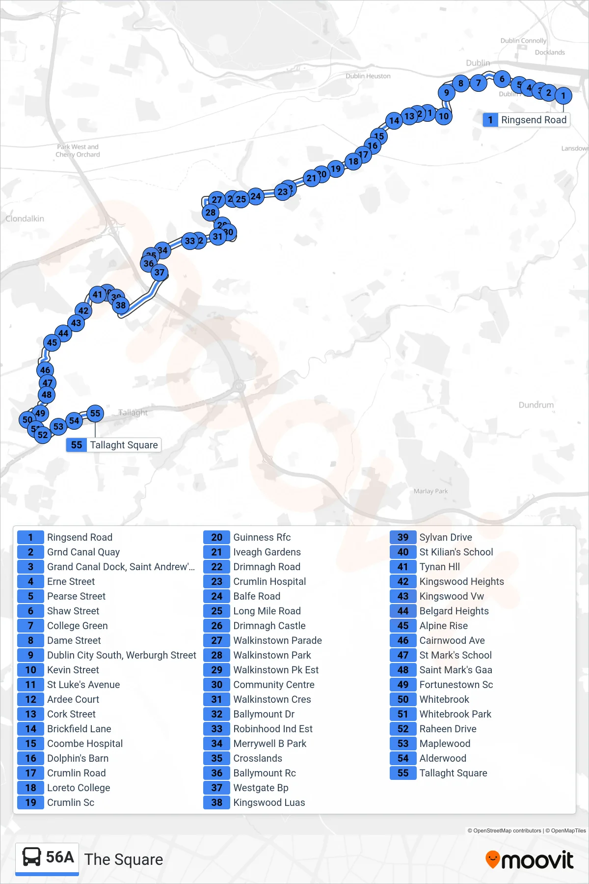 56A bus Line (The Square) route and stops on a map