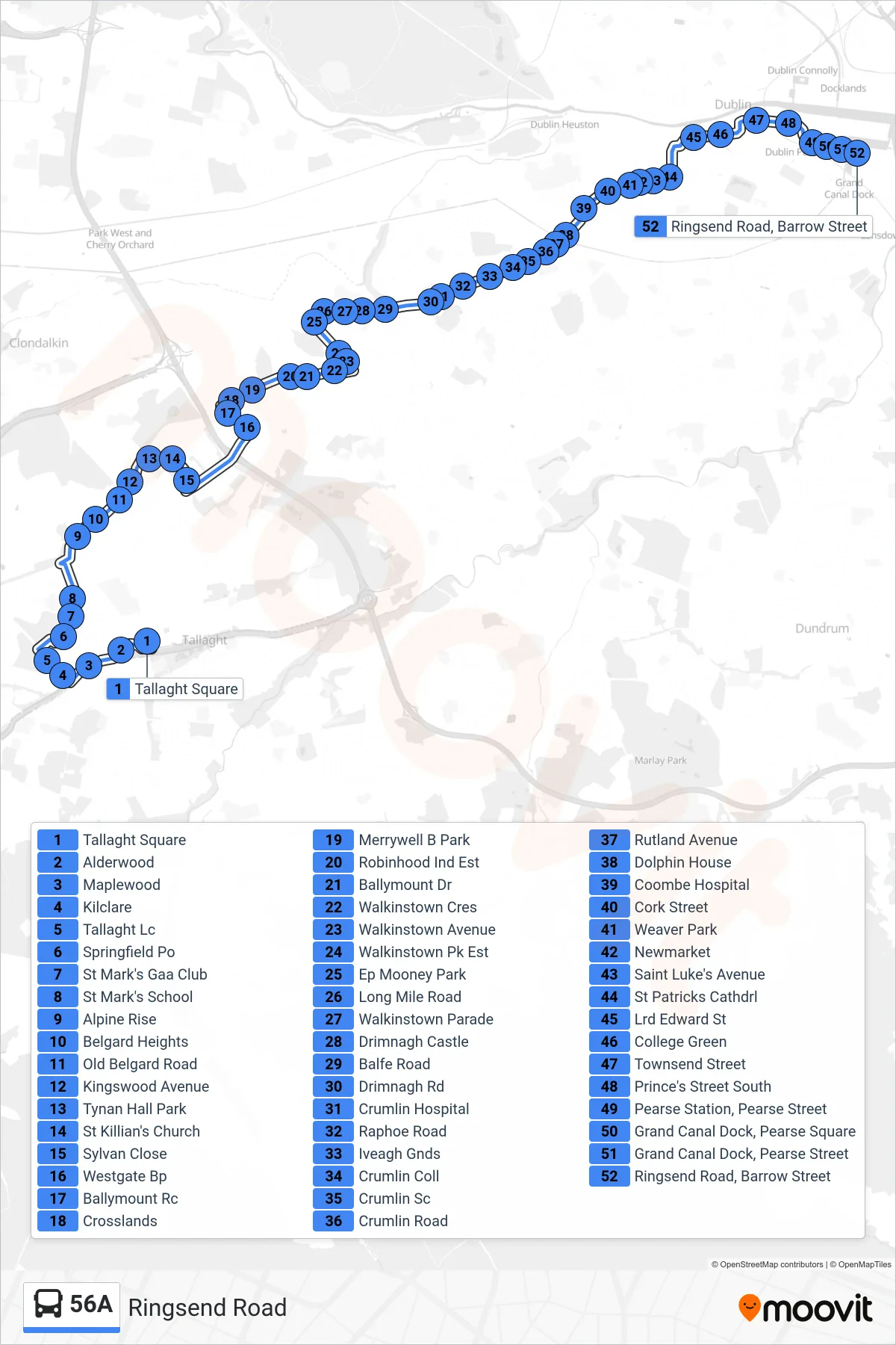 56A bus Line (Ringsend Road) route and stops on a map