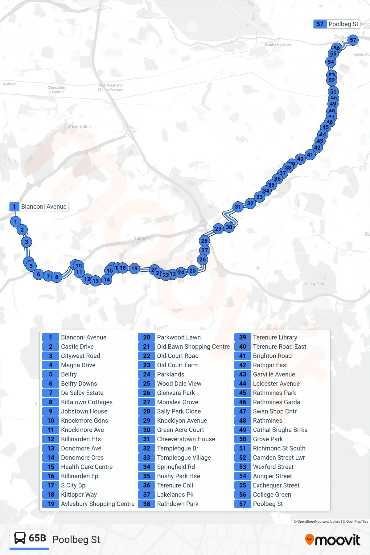 65B bus Line (Poolbeg St) route and stops on a map