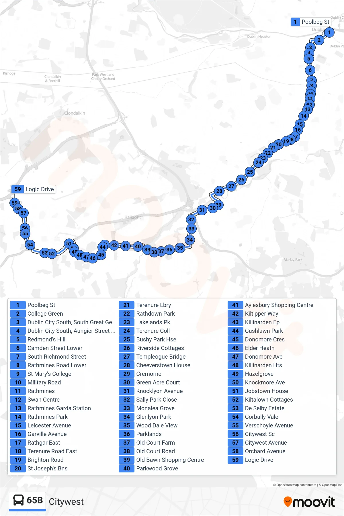 65B bus Line (Citywest) route and stops on a map