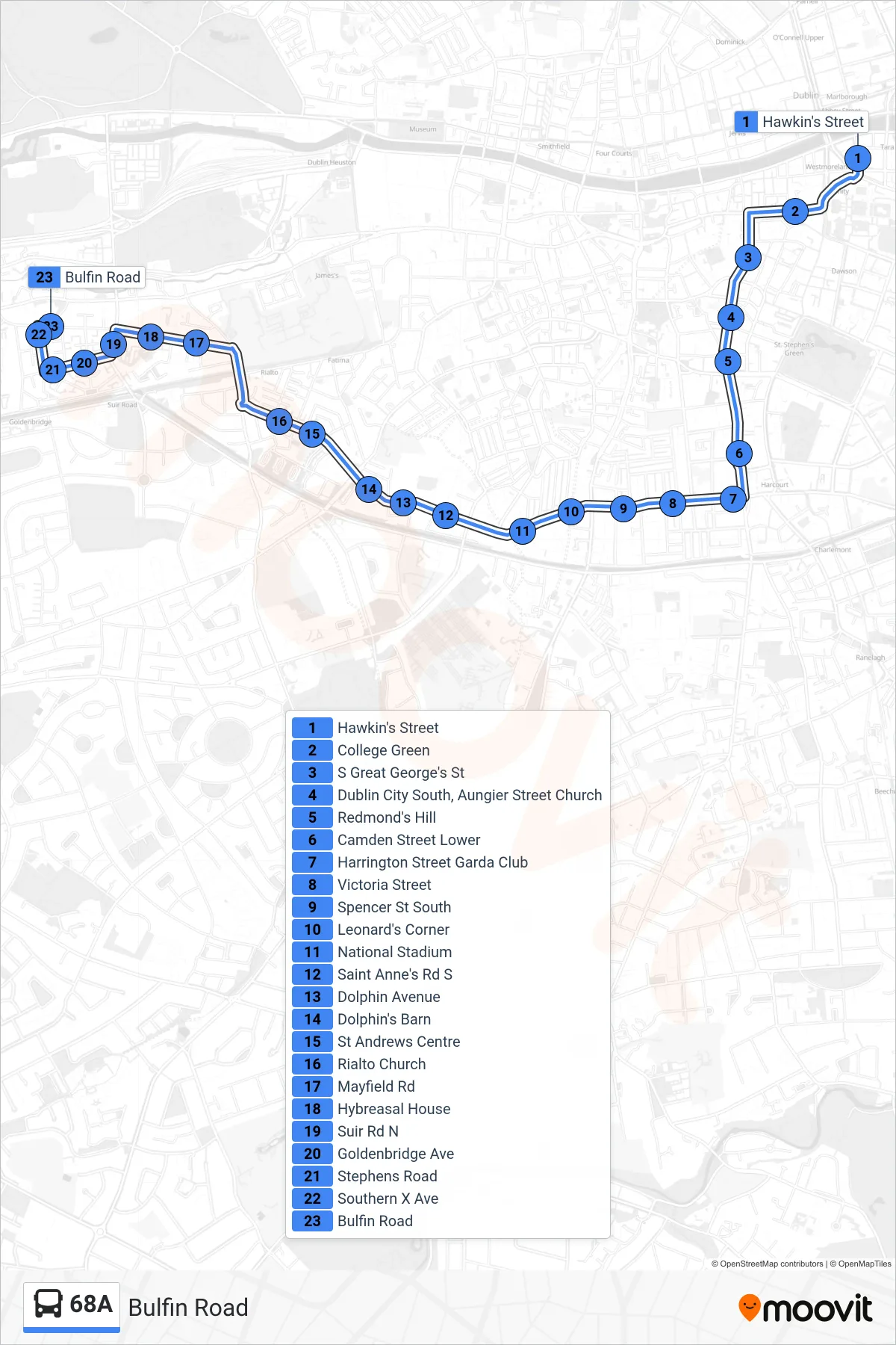 68A bus Line (Bulfin Road) route and stops on a map