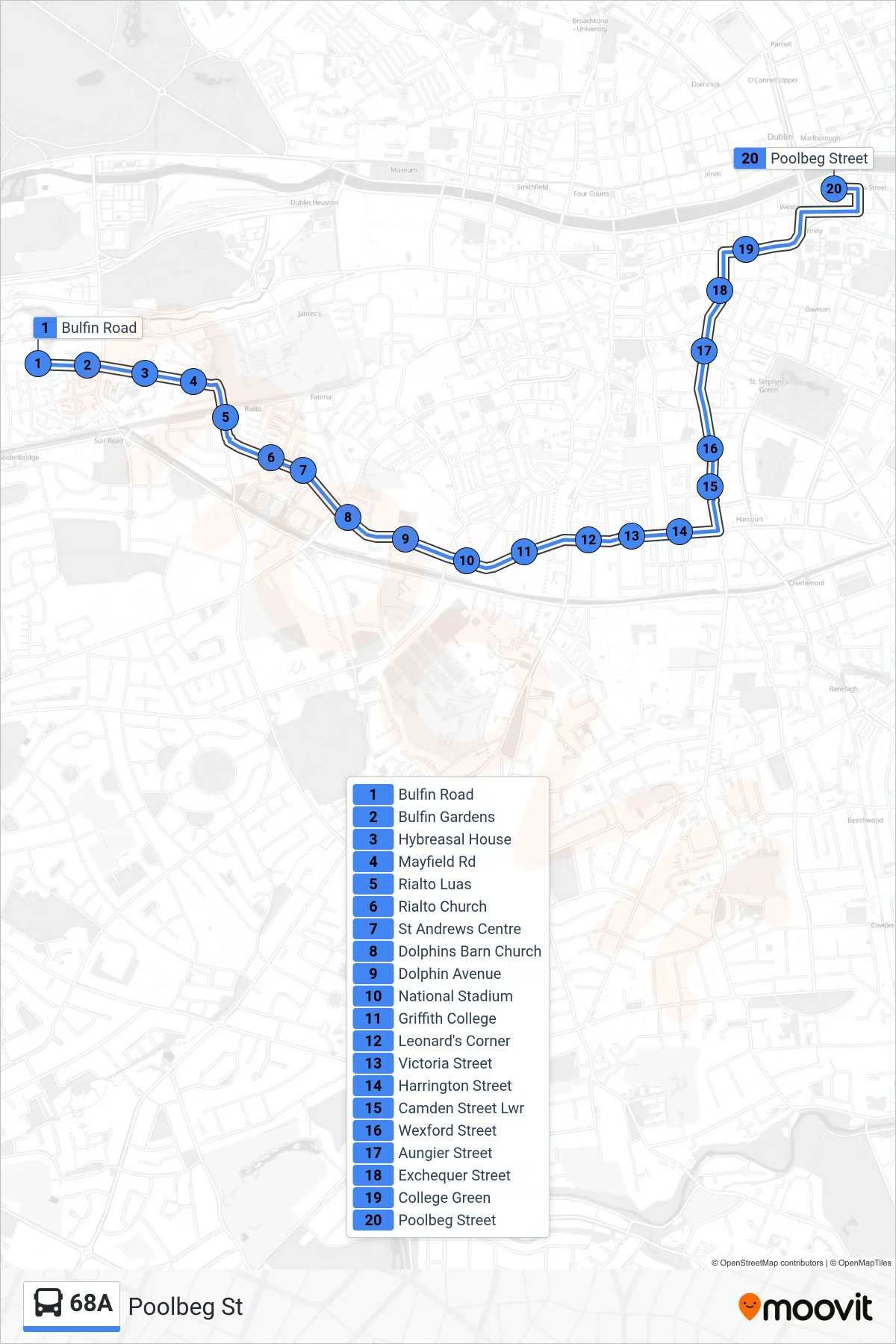 68A bus Line (Poolbeg St) route and stops on a map