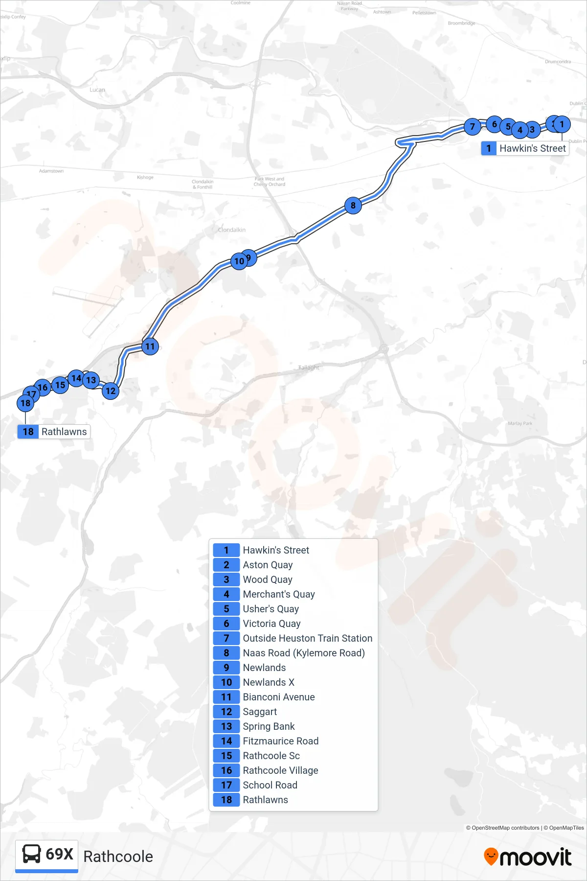 69X bus Line (Rathcoole) route and stops on a map