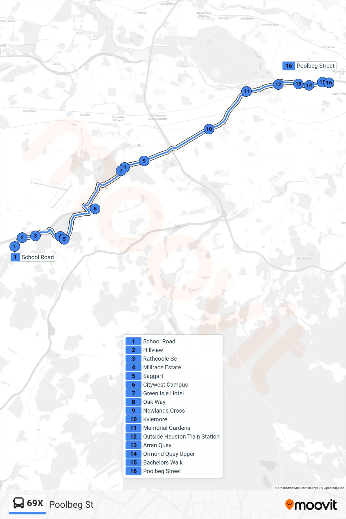 69X bus Line (Poolbeg St) route and stops on a map