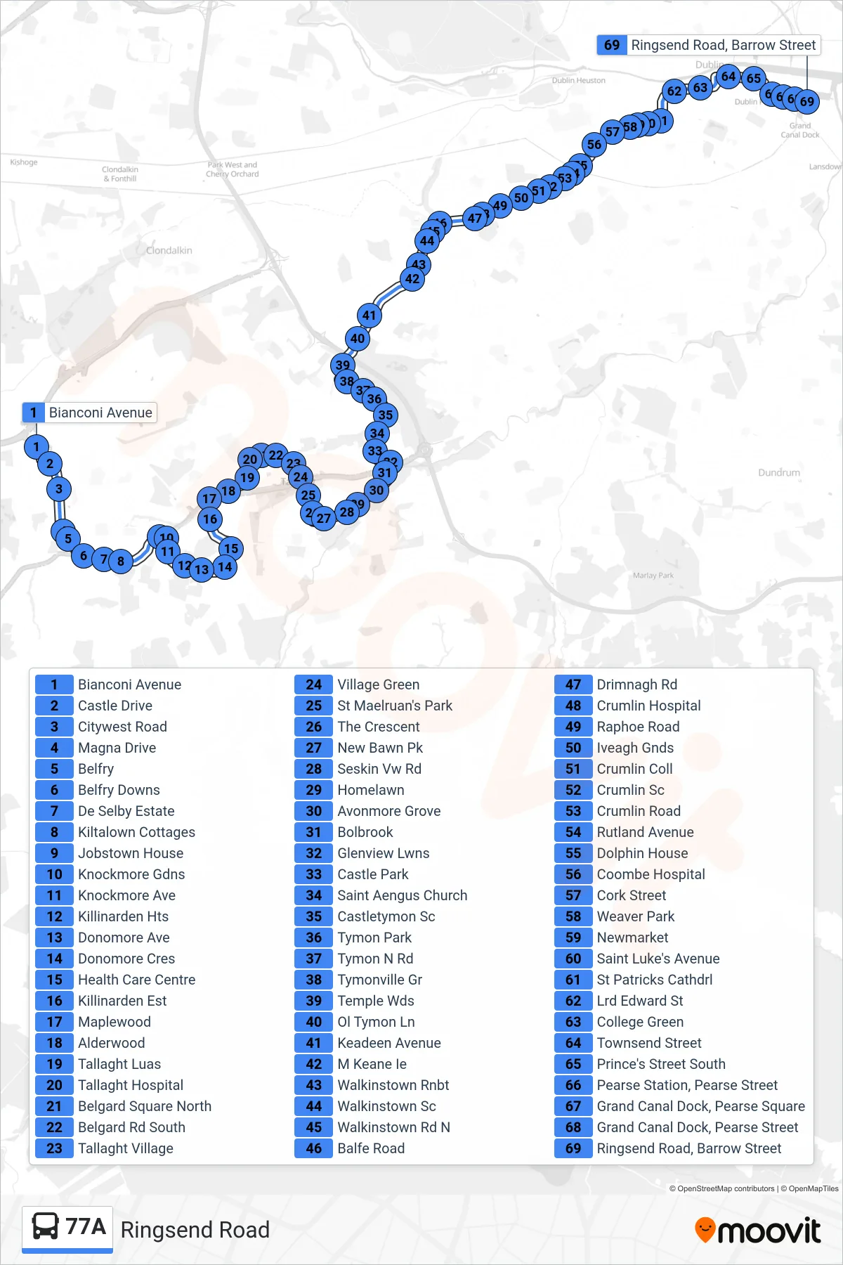 77A bus Line (Ringsend Road) route and stops on a map