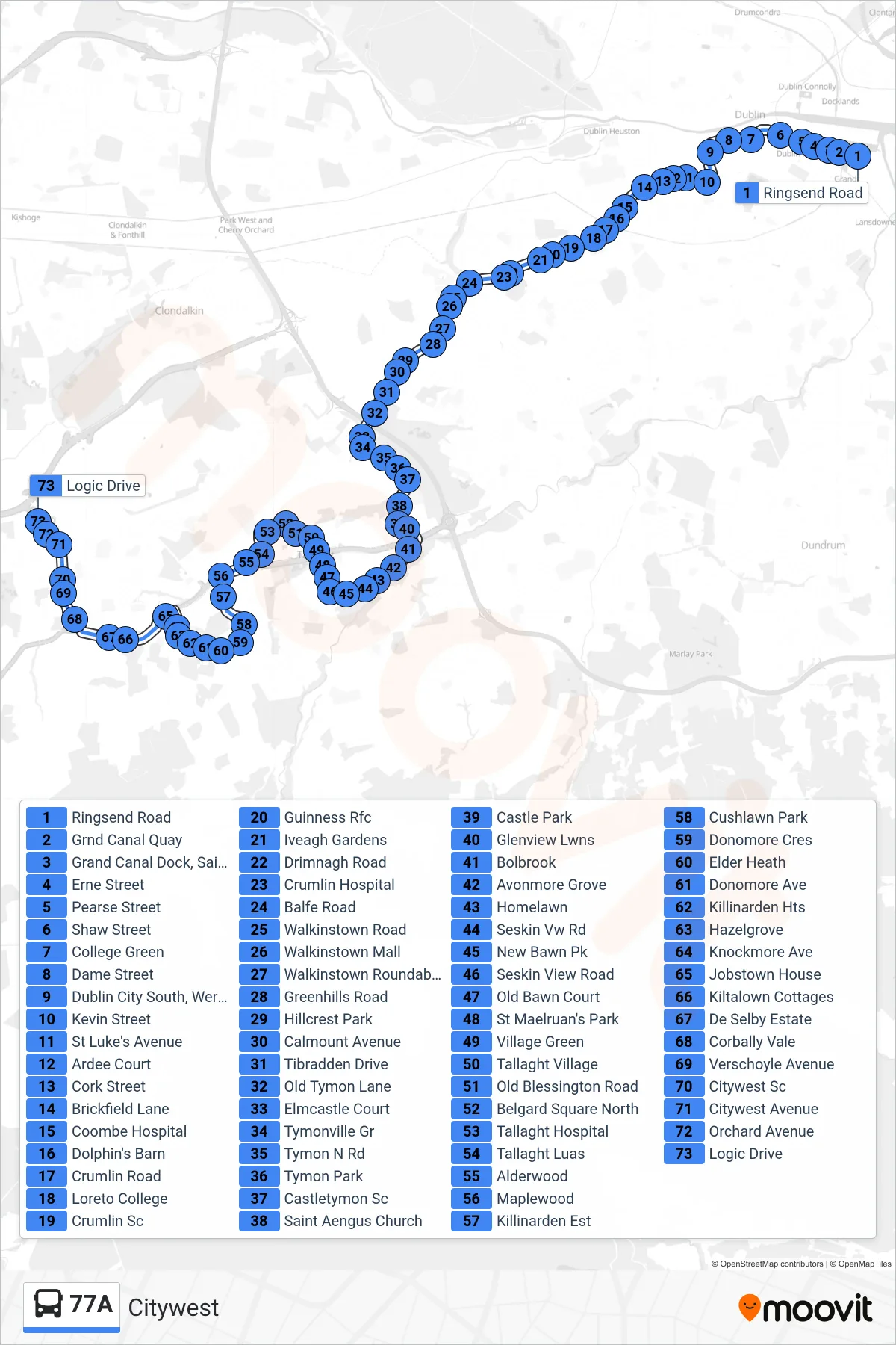 77A bus Line (Citywest) route and stops on a map