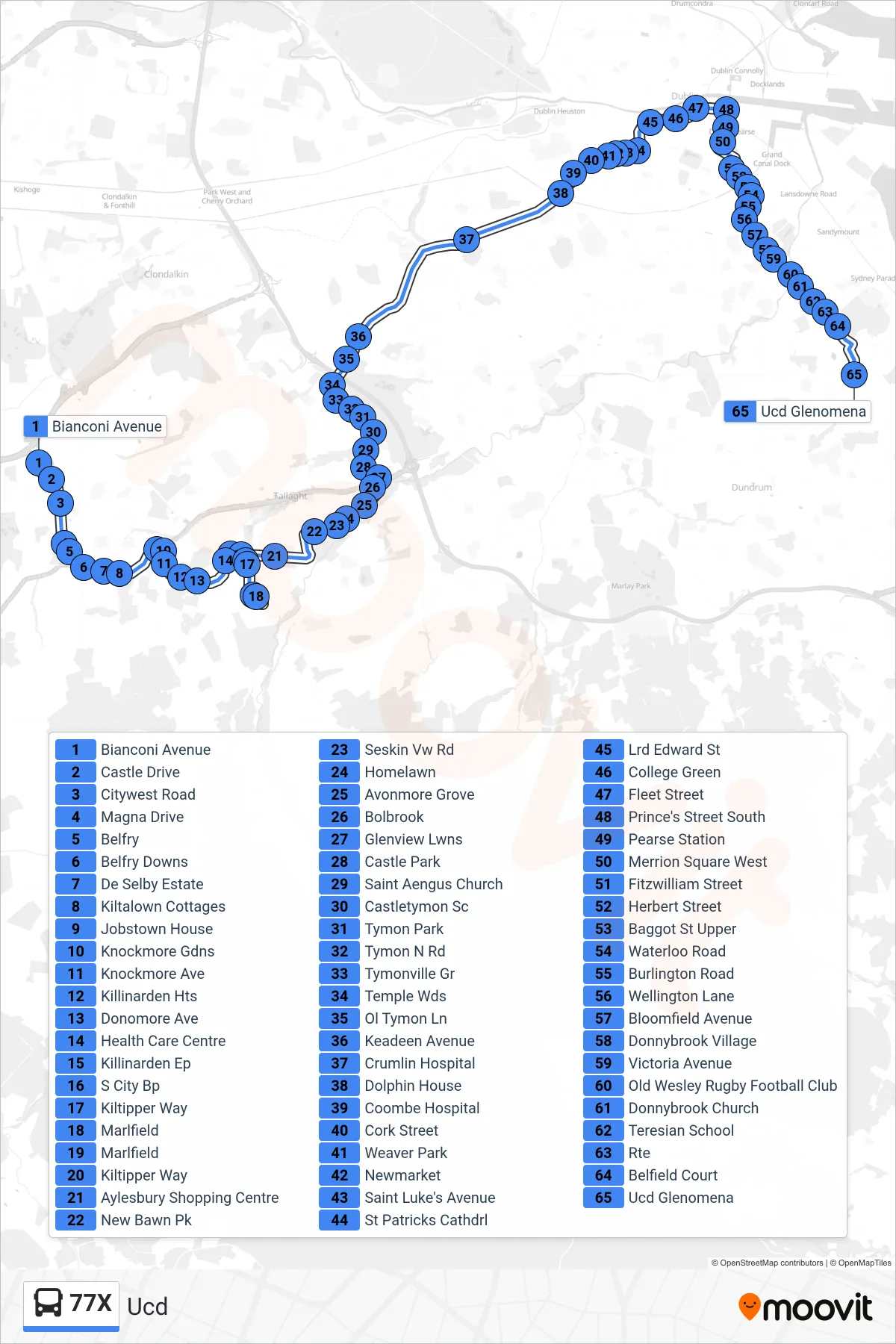 77X bus Line (Ucd) route and stops on a map