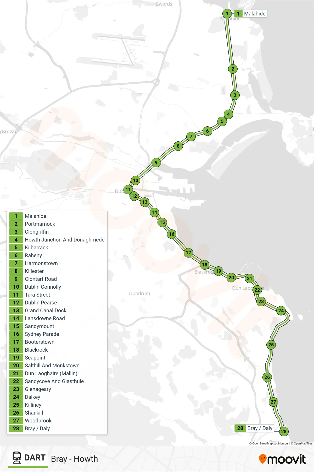 DART rail Line (Malahide→Bray (Daly)) route and stops on a map