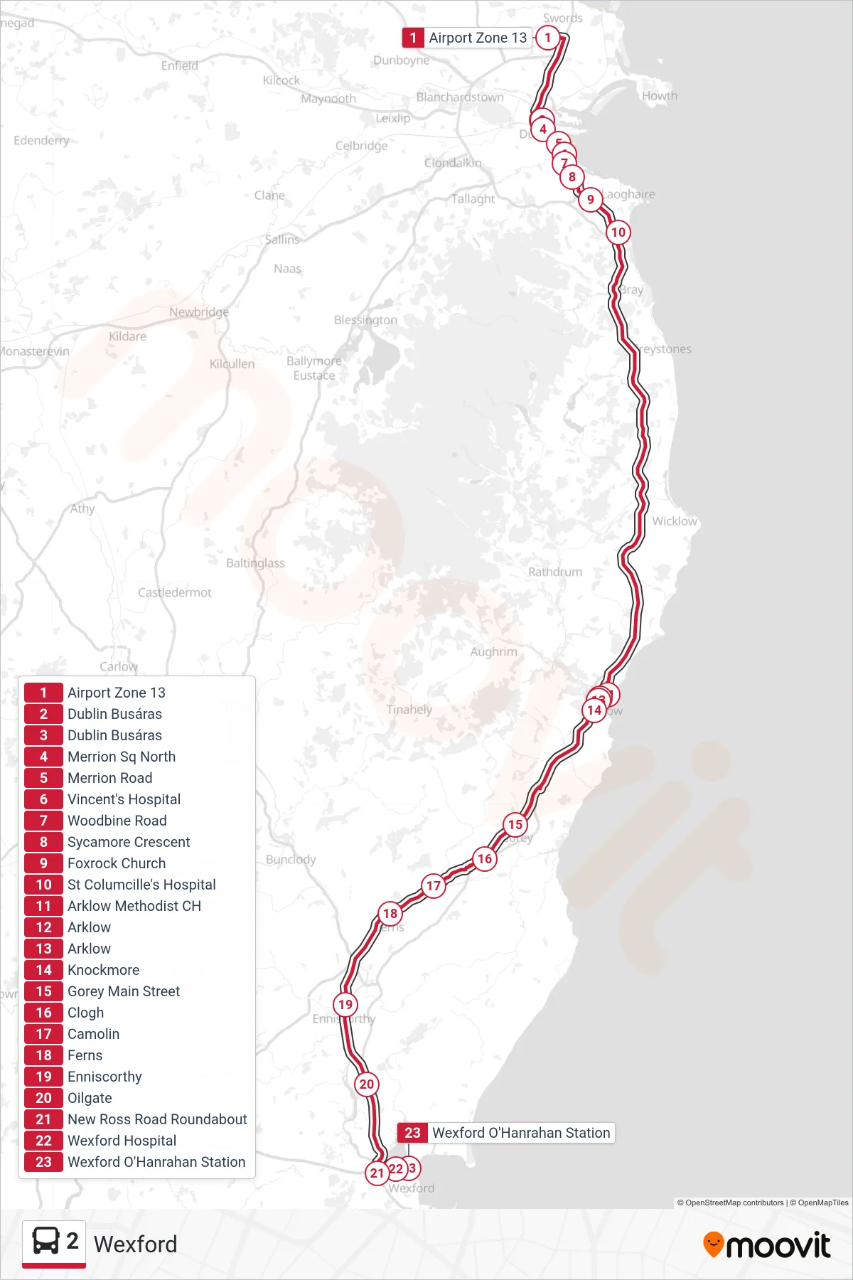 2 bus Line (Wexford) route and stops on a map