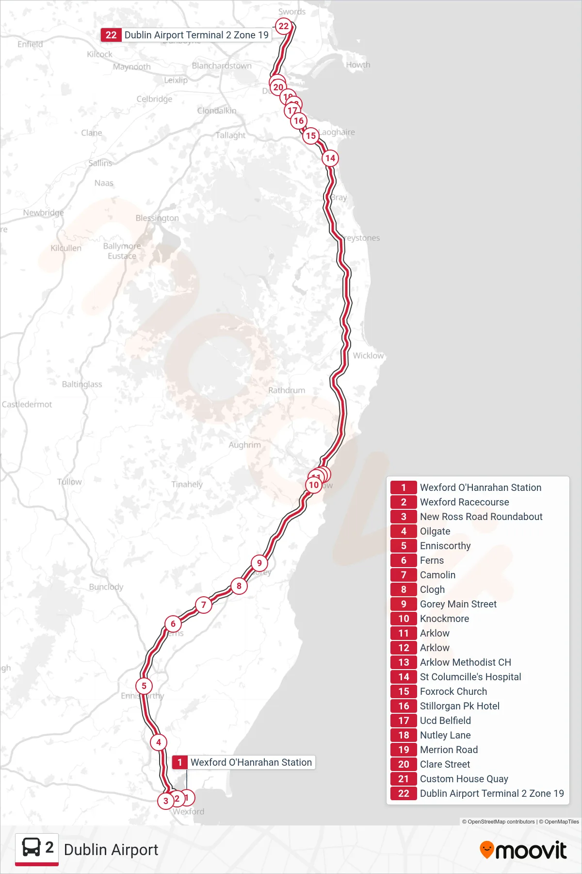 2 bus Line (Dublin Airport) route and stops on a map