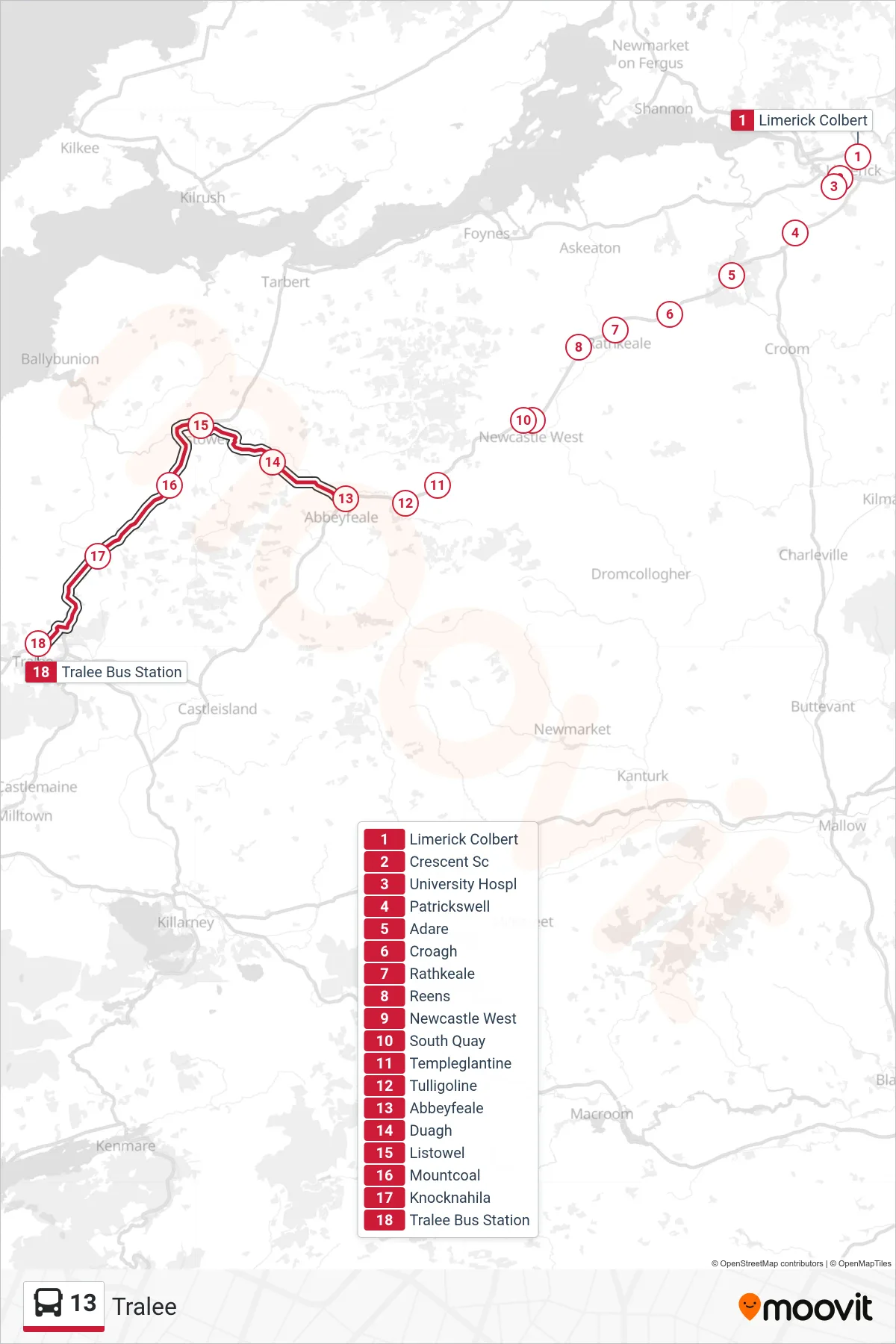 13 bus Line (Tralee) route and stops on a map