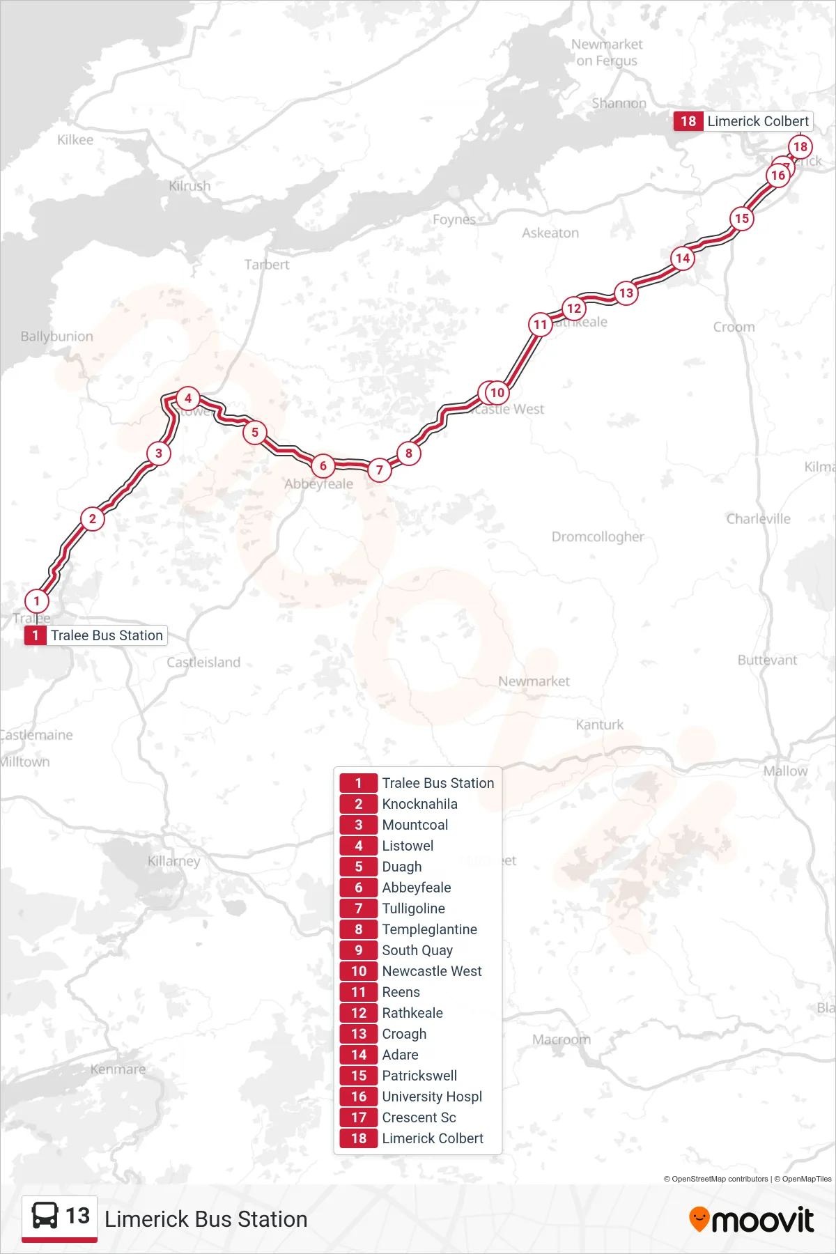 13 bus Line (Limerick Bus Station) route and stops on a map