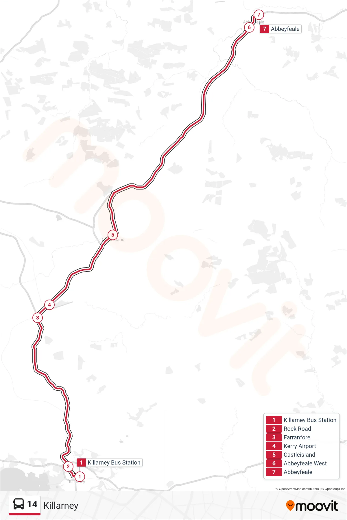 14 bus Line (Killarney) route and stops on a map