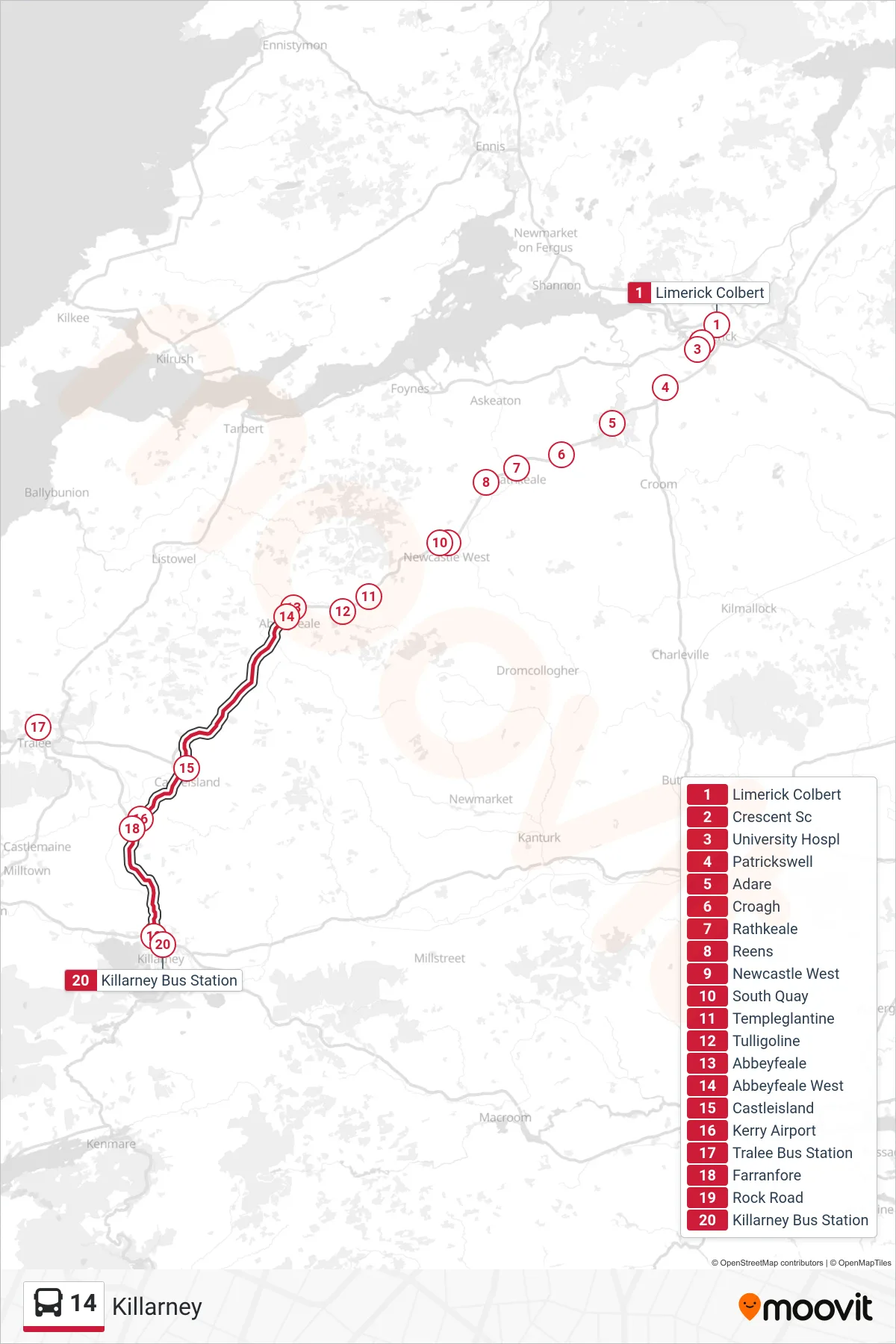 14 bus Line (Killarney) route and stops on a map