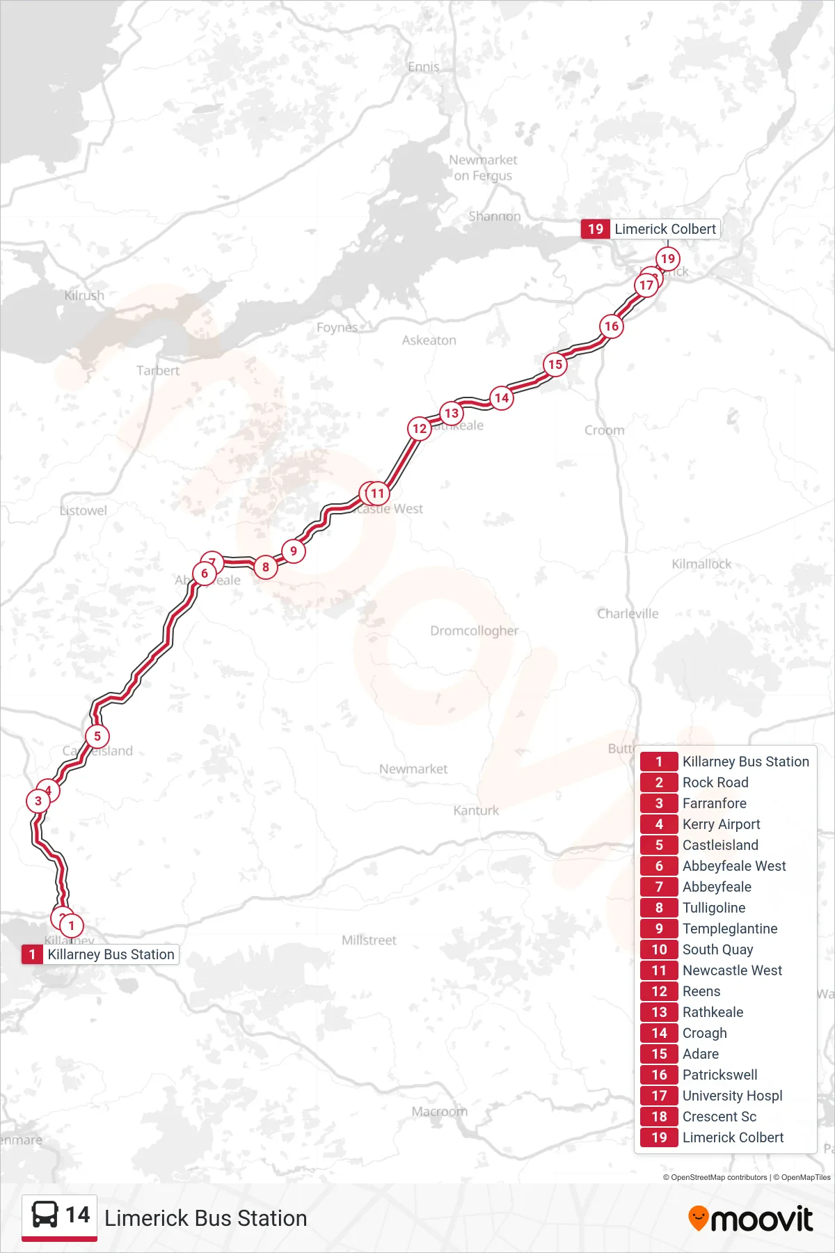 14 bus Line (Limerick Bus Station) route and stops on a map