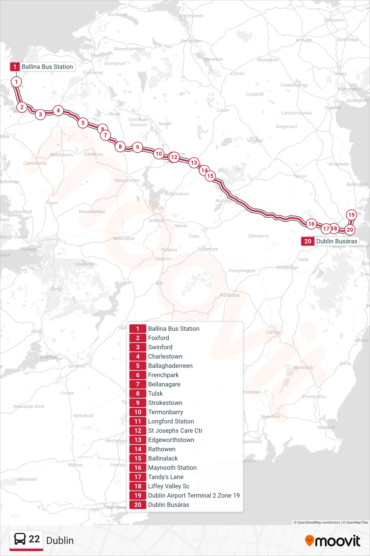 22 bus Line (Dublin) route and stops on a map