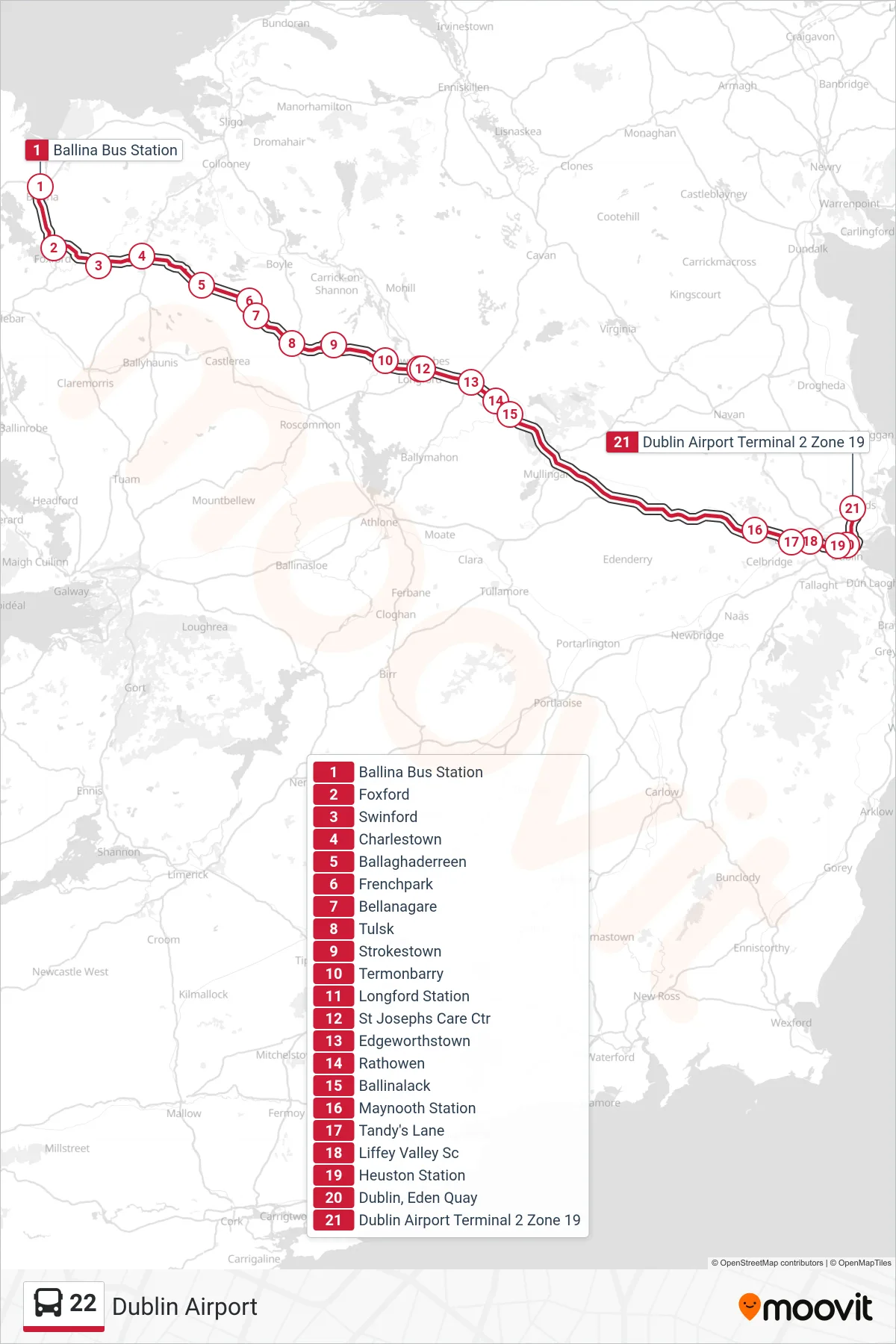 22 bus Line (Dublin Airport) route and stops on a map