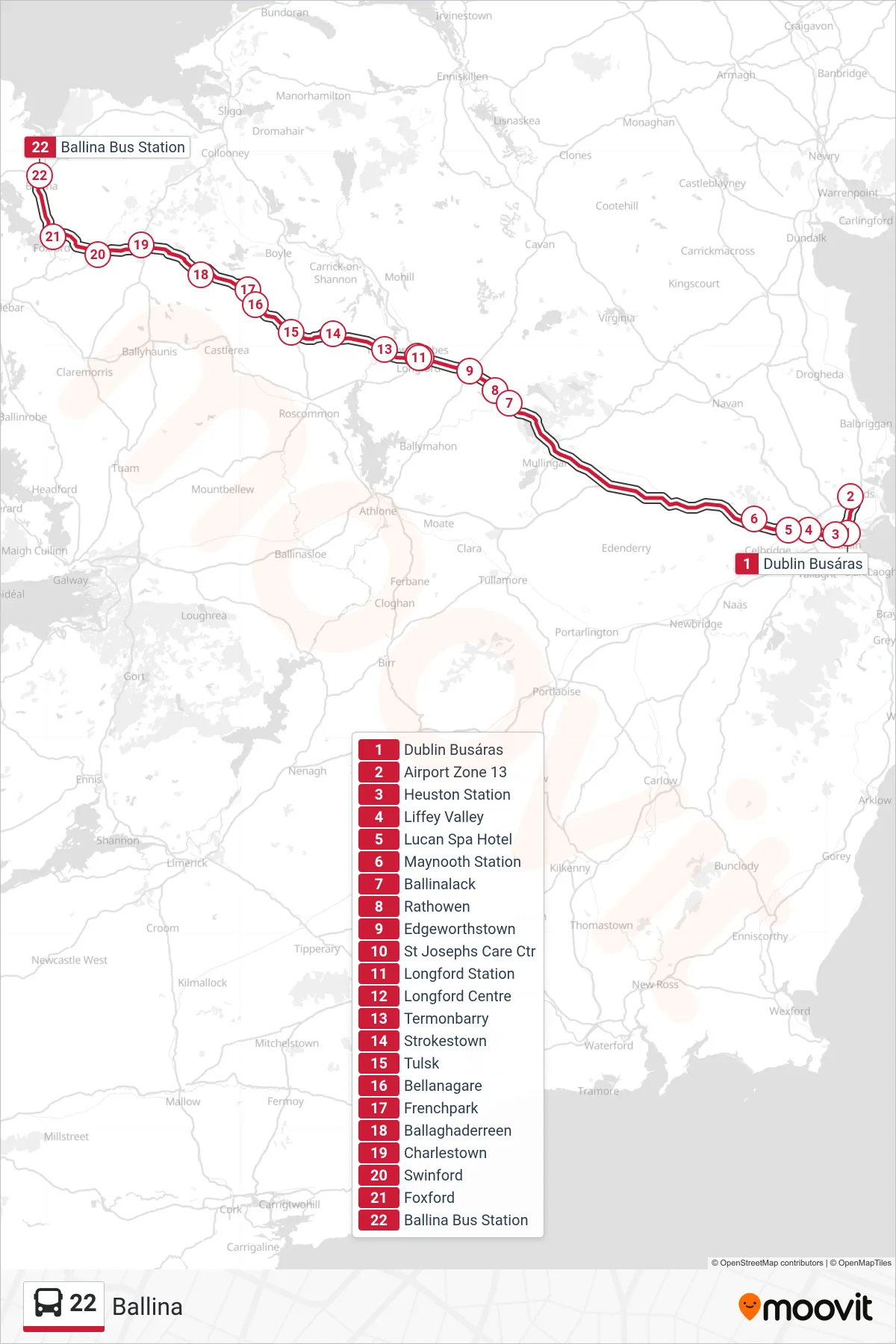 22 bus Line (Ballina) route and stops on a map