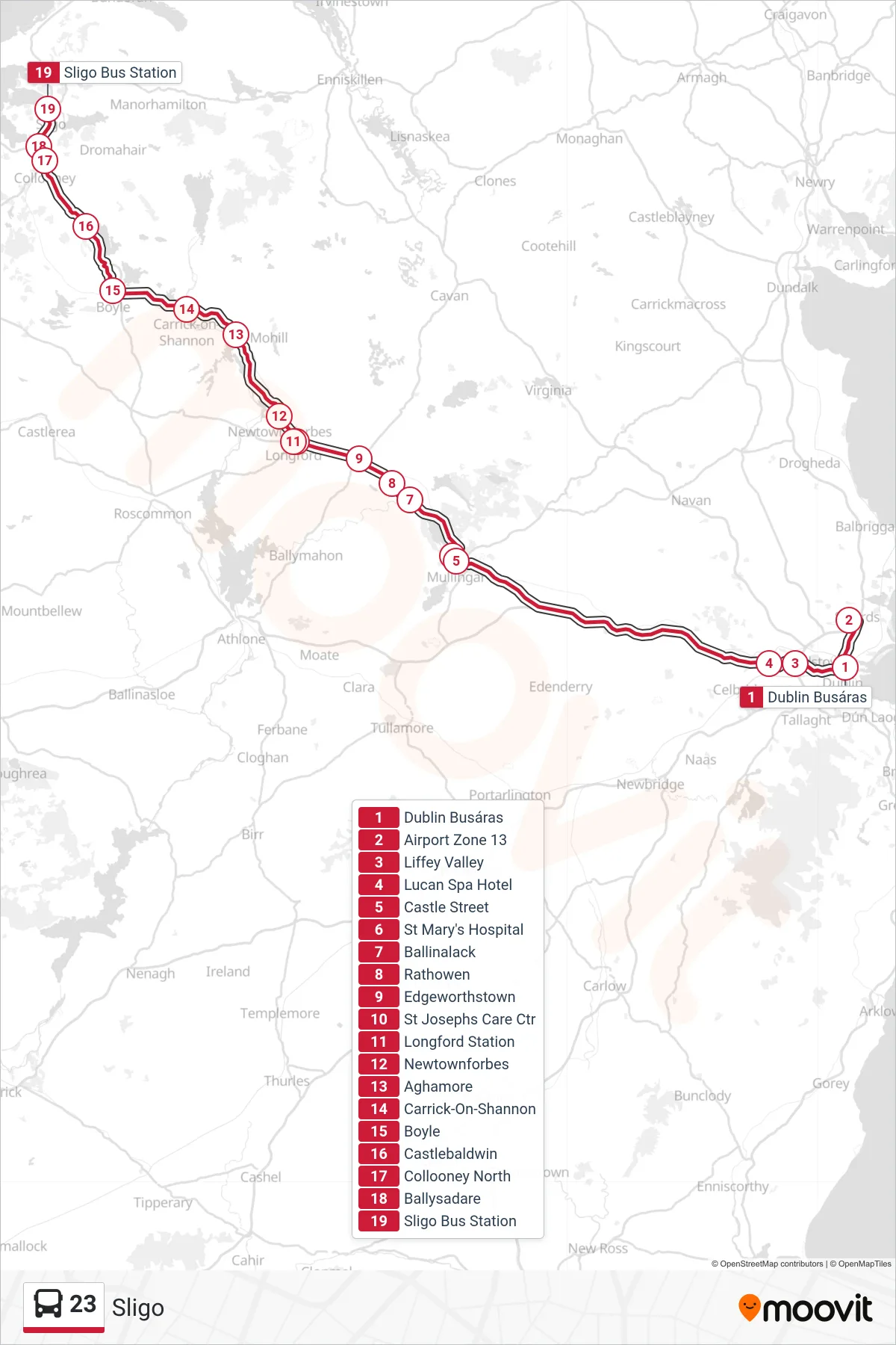 23 bus Line (Sligo) route and stops on a map