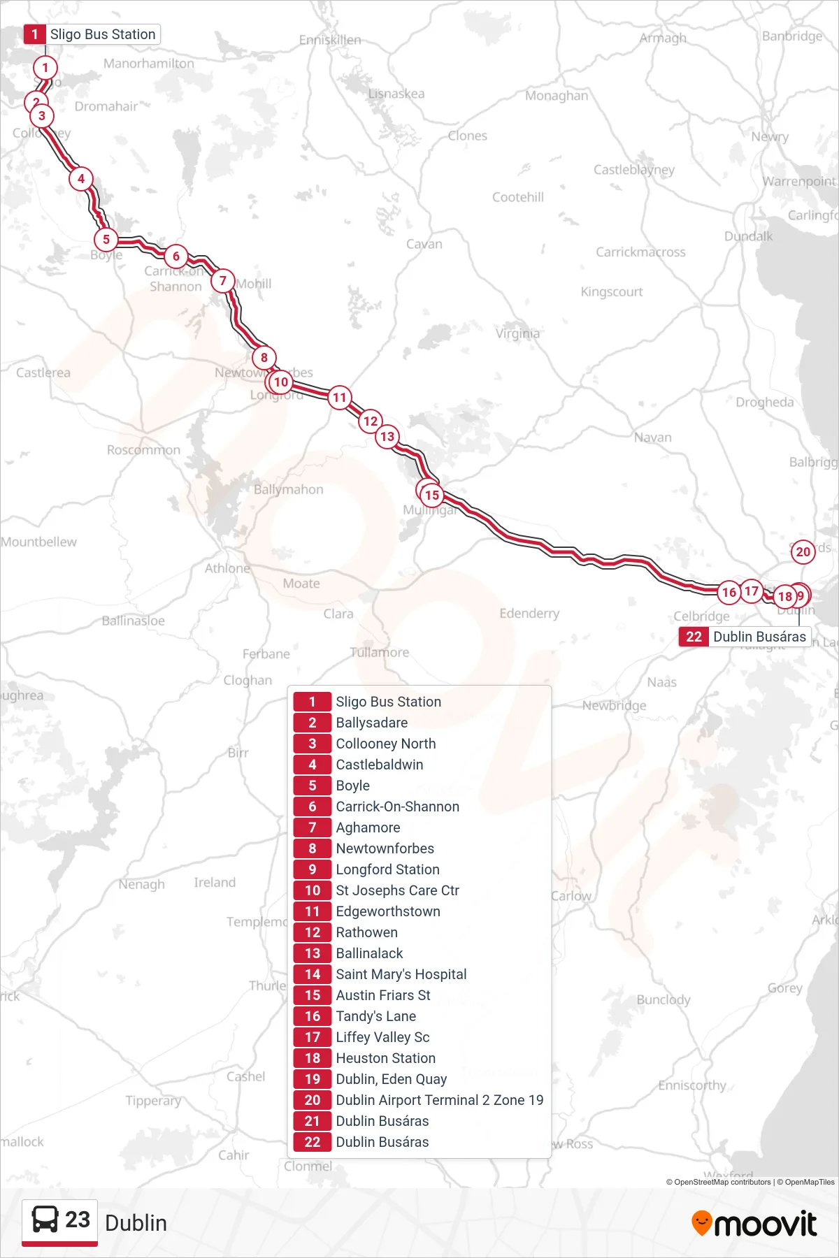 23 bus Line (Dublin) route and stops on a map
