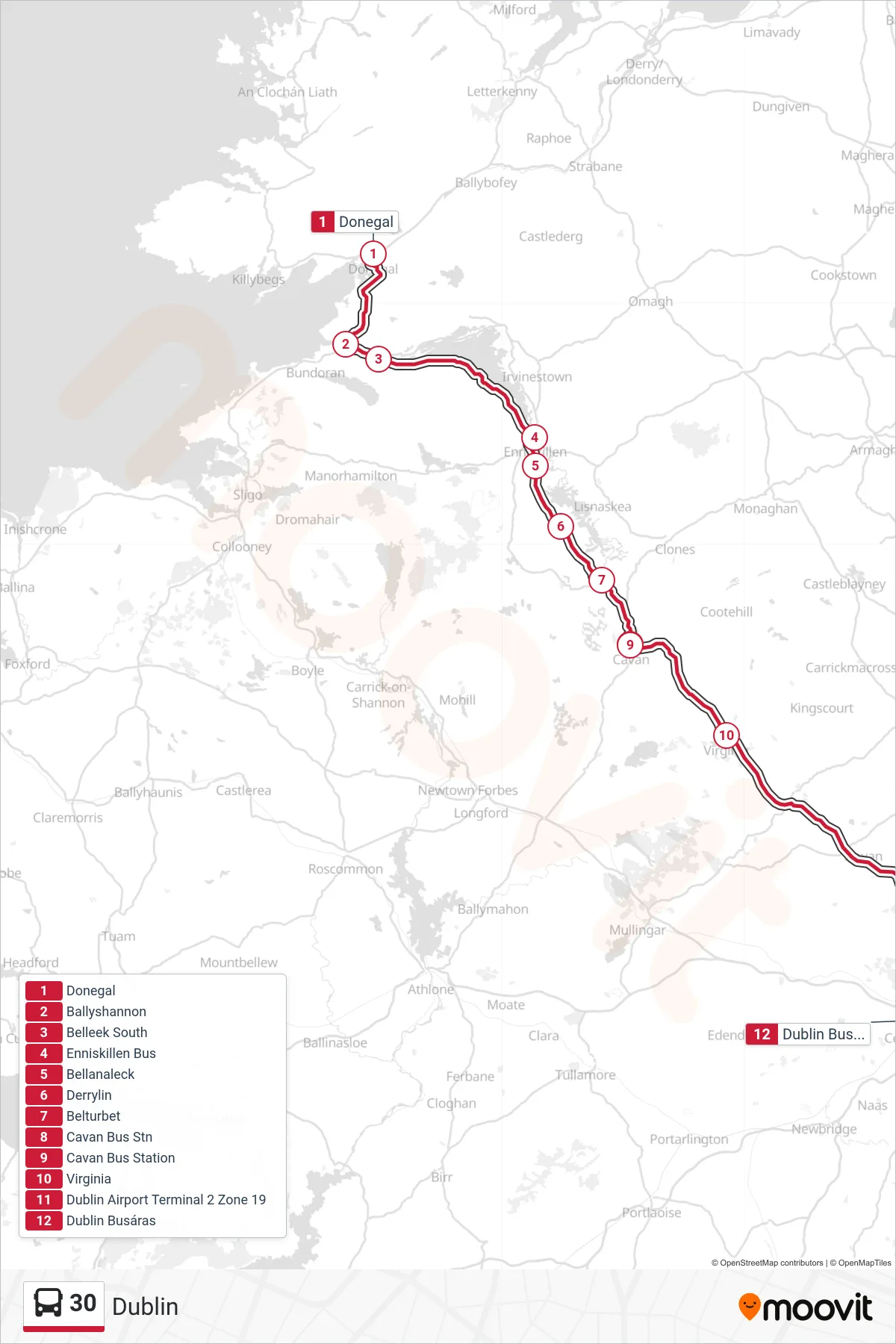 30 bus Line (Dublin) route and stops on a map