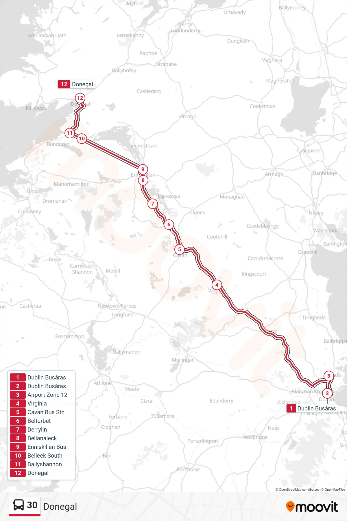 30 bus Line (Donegal) route and stops on a map