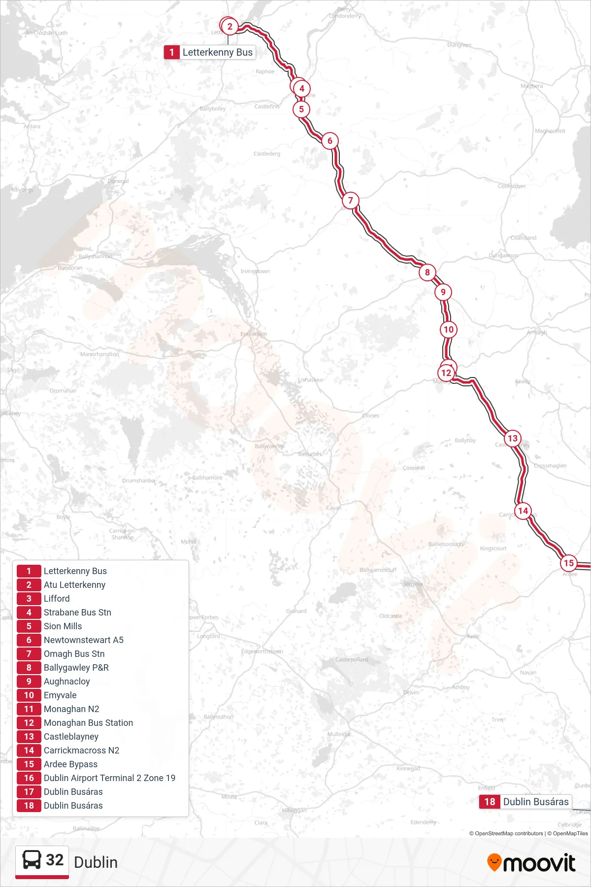 32 bus Line (Dublin) route and stops on a map