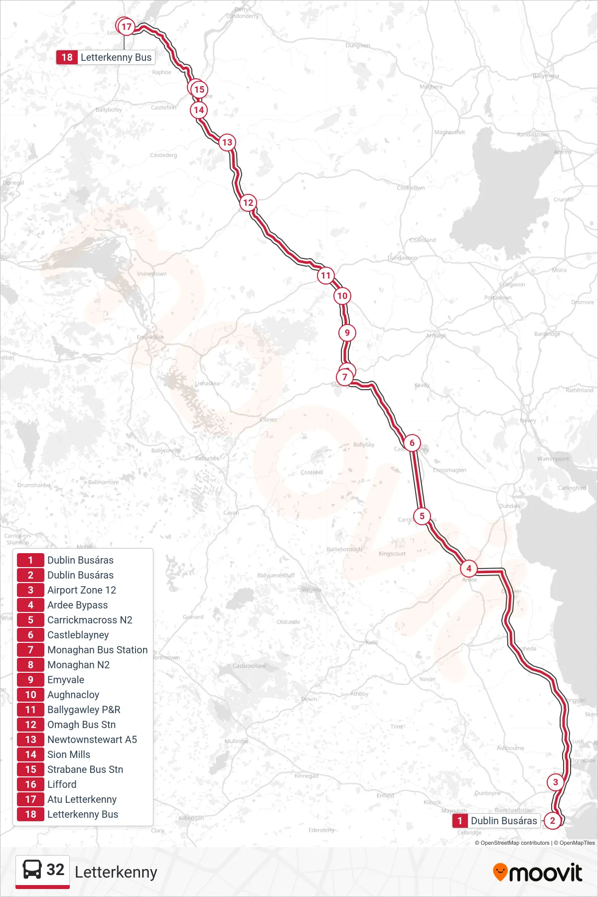 32 bus Line (Letterkenny) route and stops on a map