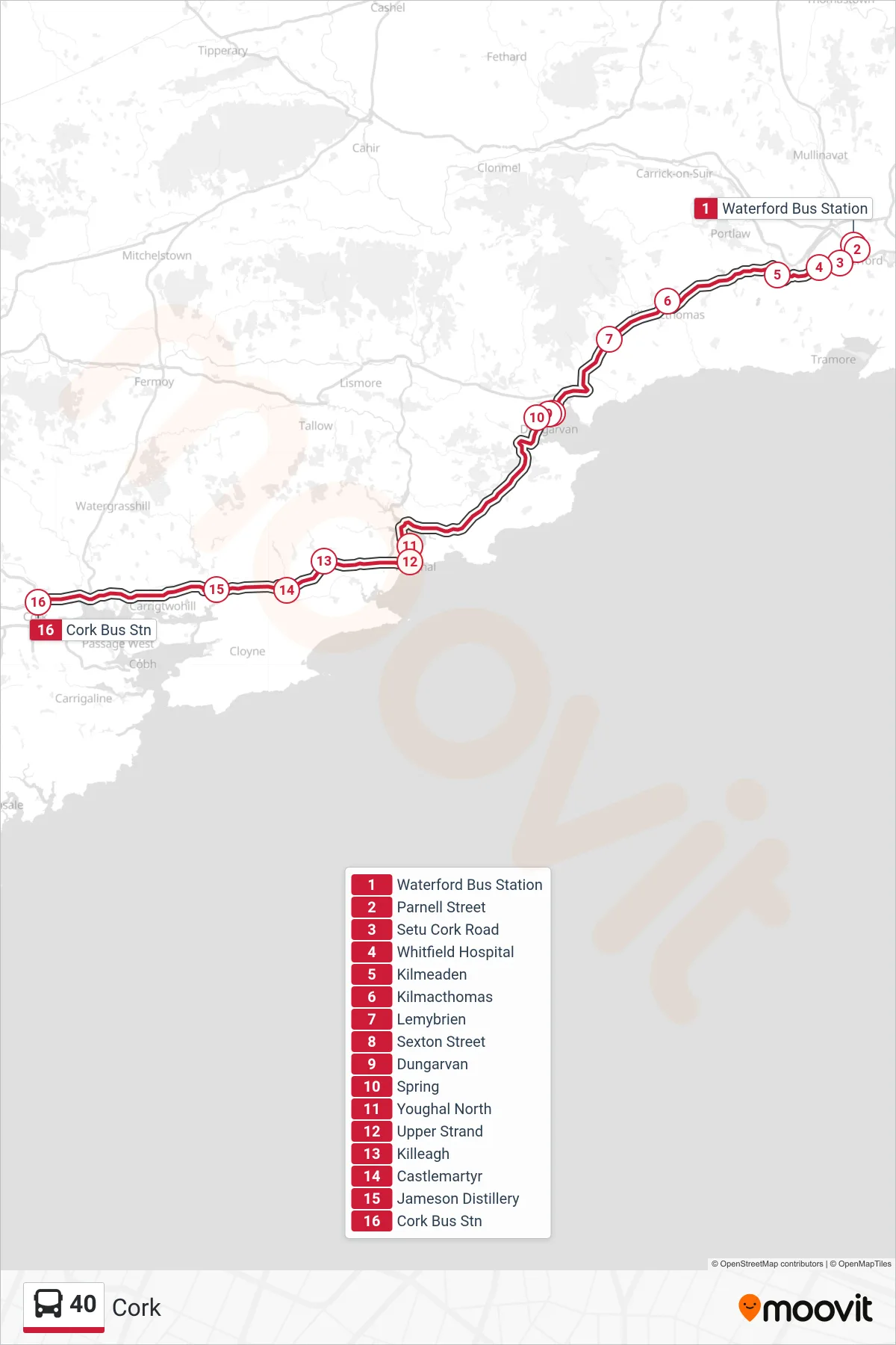 40 bus Line (Cork) route and stops on a map