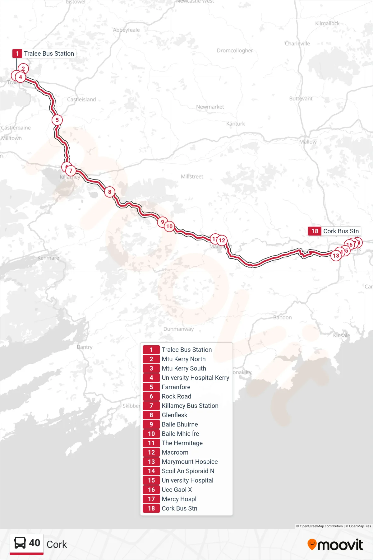 40 bus Line (Cork) route and stops on a map