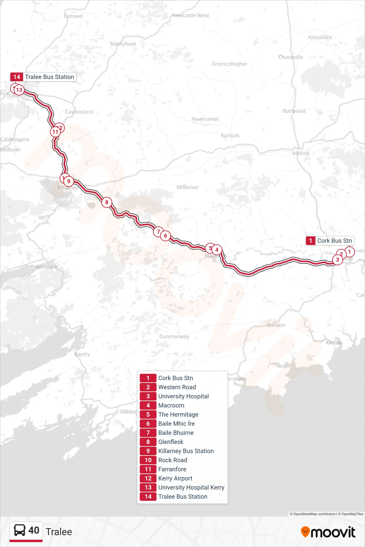40 bus Line (Tralee) route and stops on a map