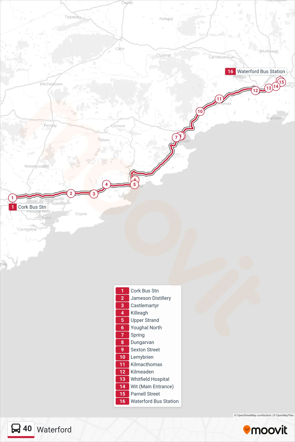 40 bus Line (Waterford) route and stops on a map