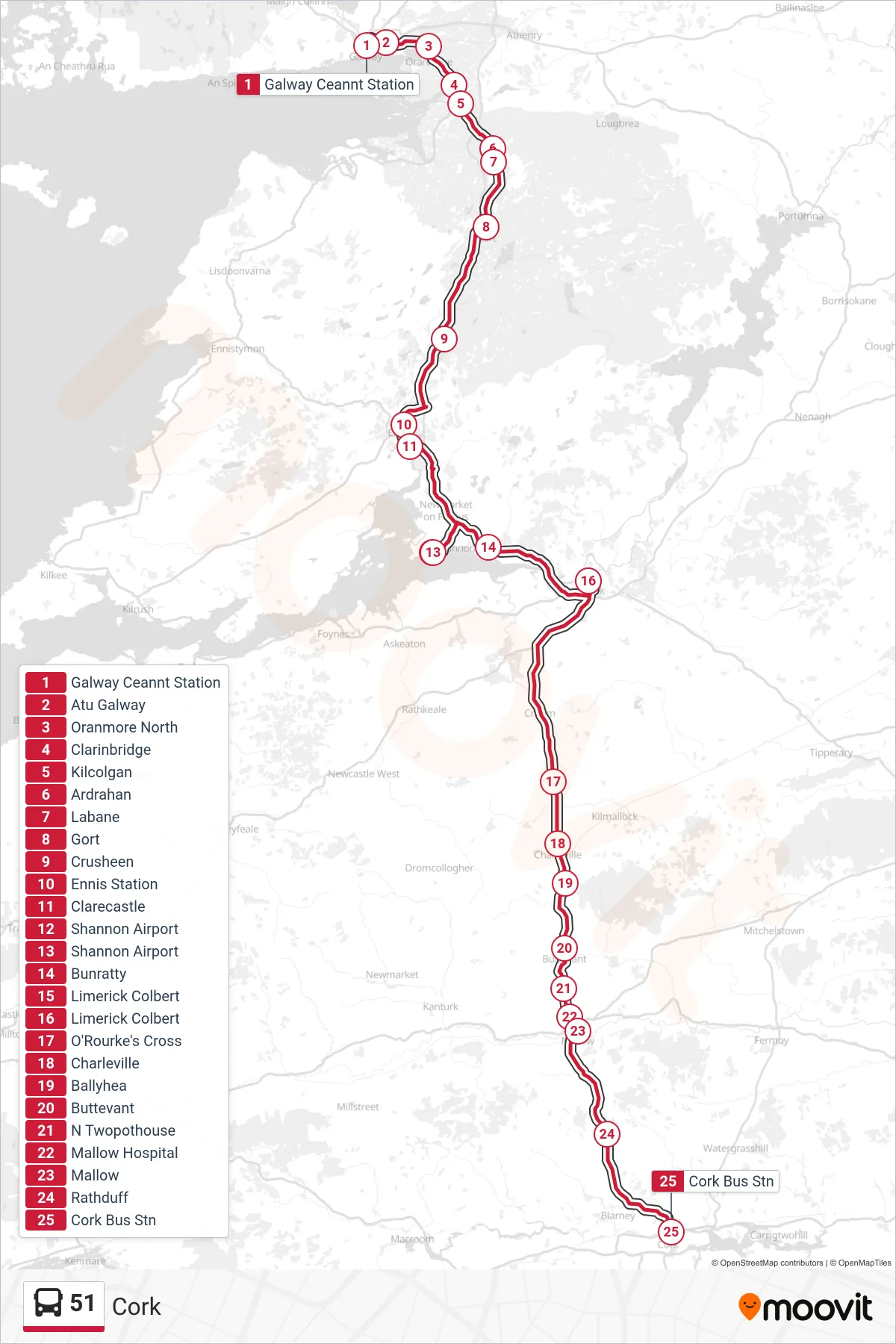 51 bus Line (Cork) route and stops on a map