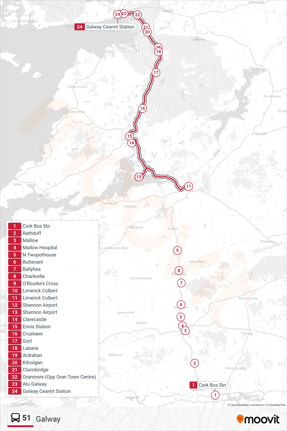 51 bus Line (Galway) route and stops on a map