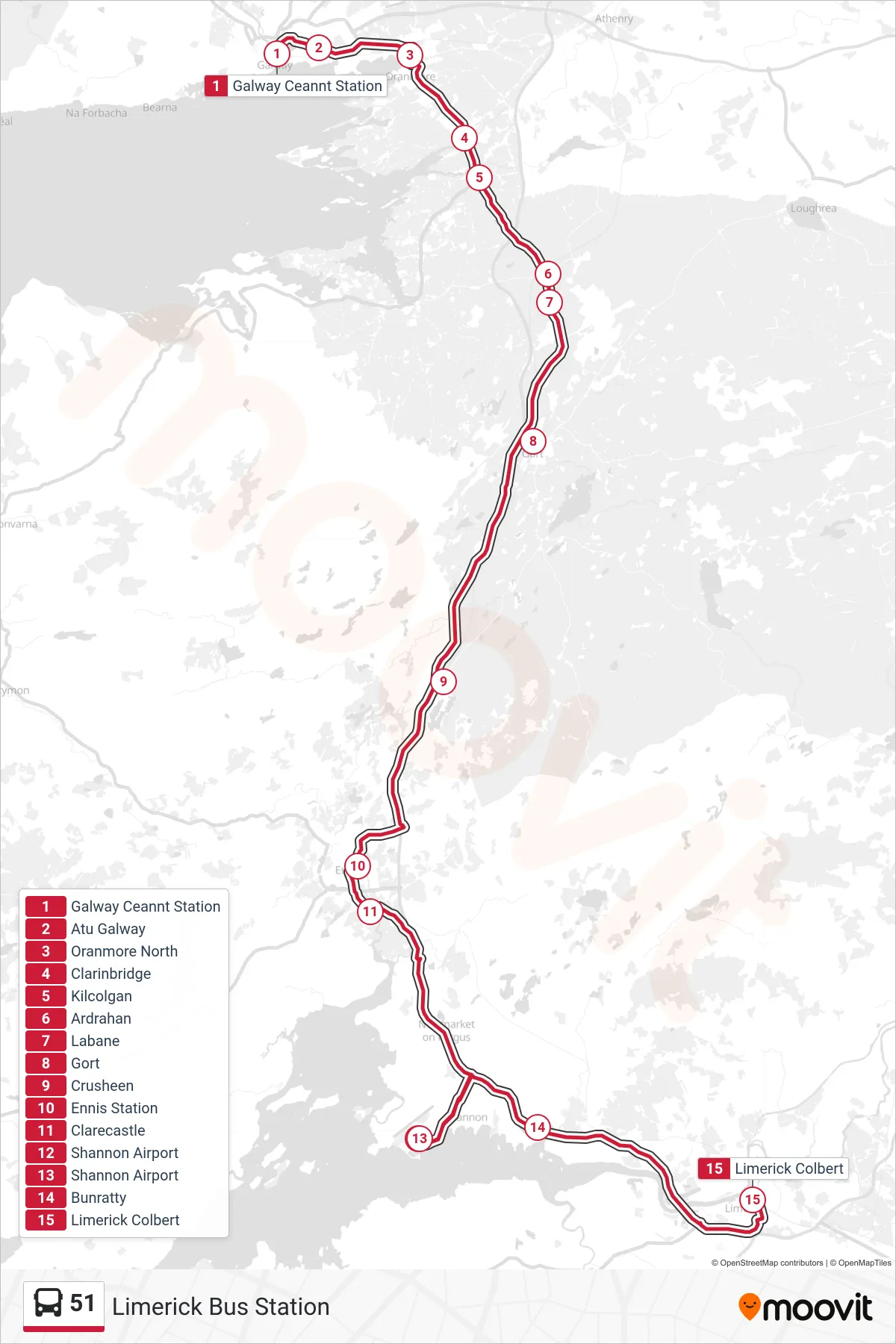 51 bus Line (Limerick Bus Station) route and stops on a map