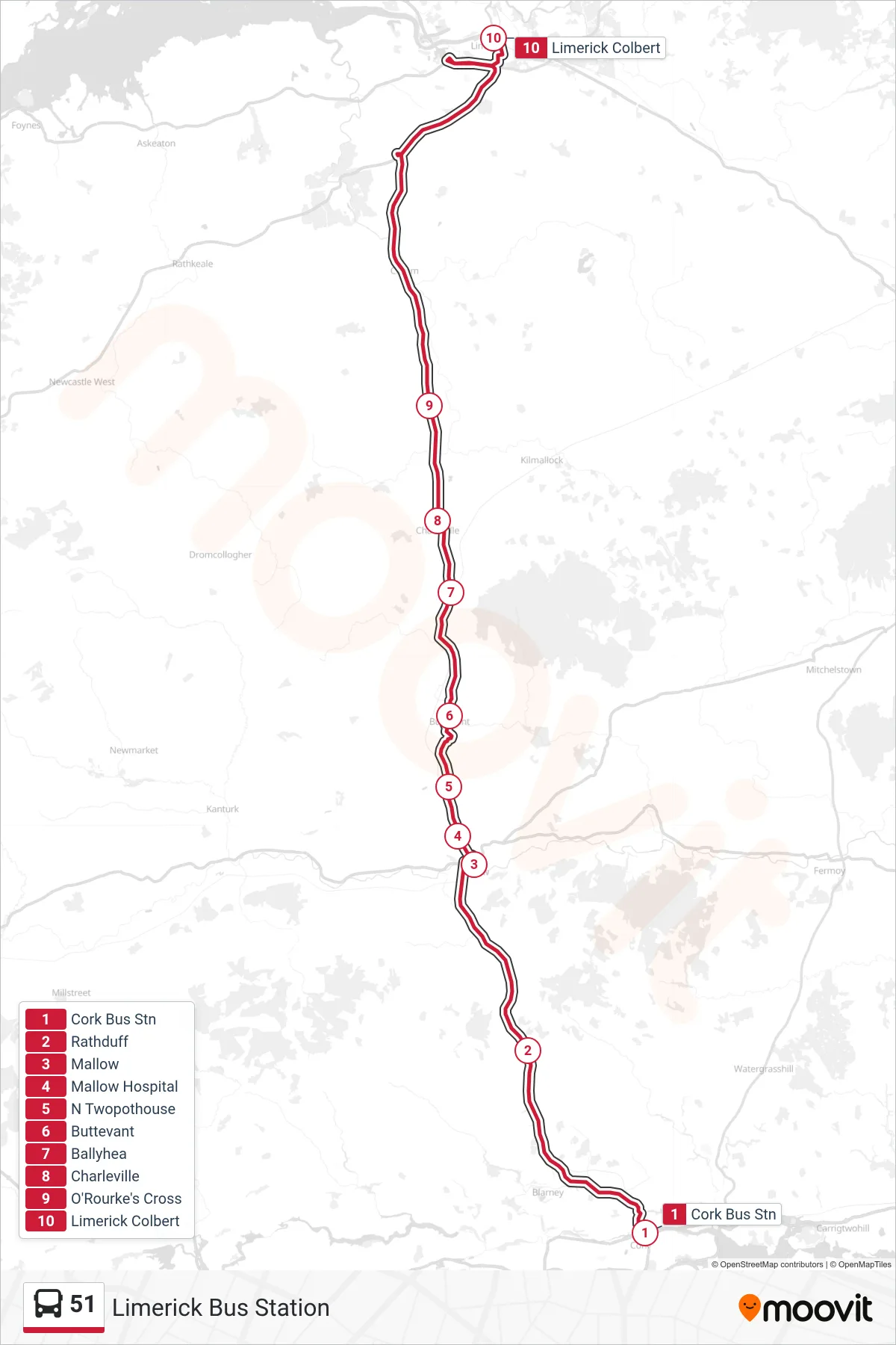51 bus Line (Limerick Bus Station) route and stops on a map