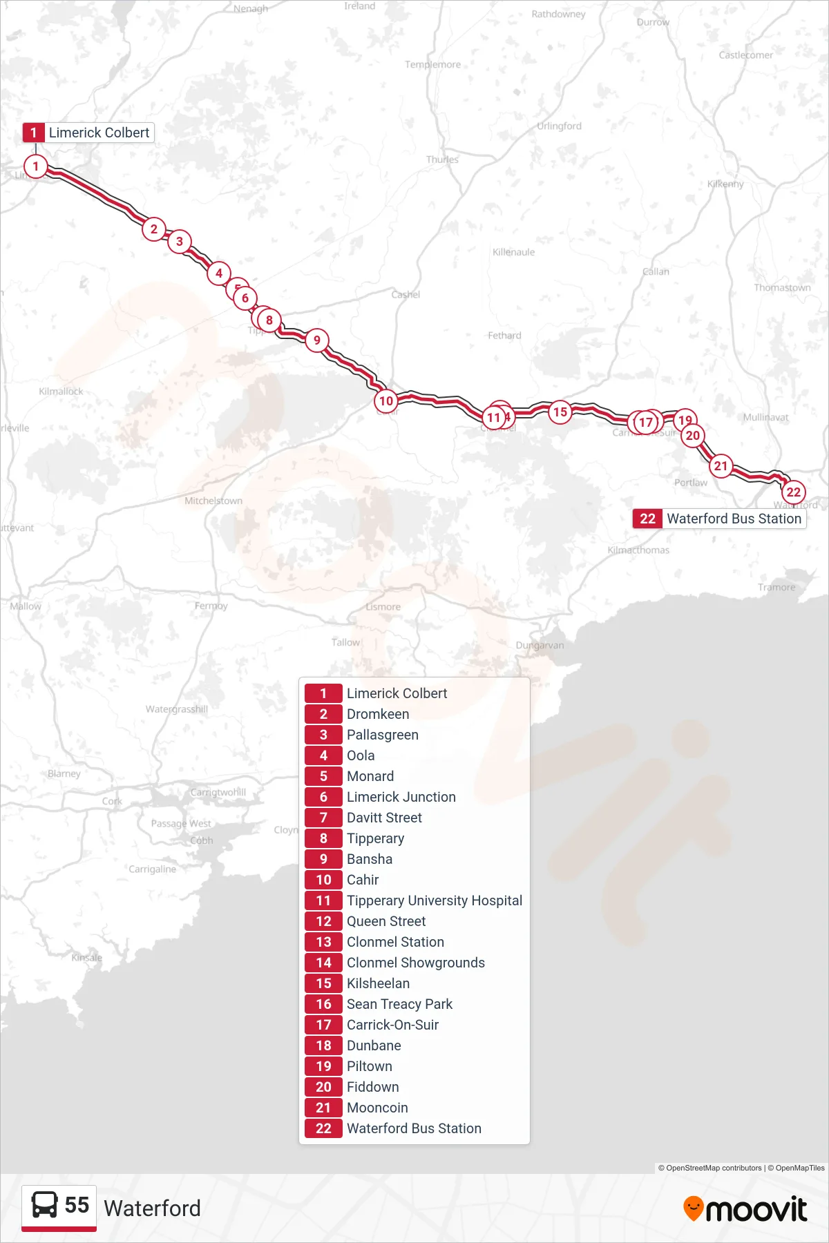 55 bus Line (Waterford) route and stops on a map