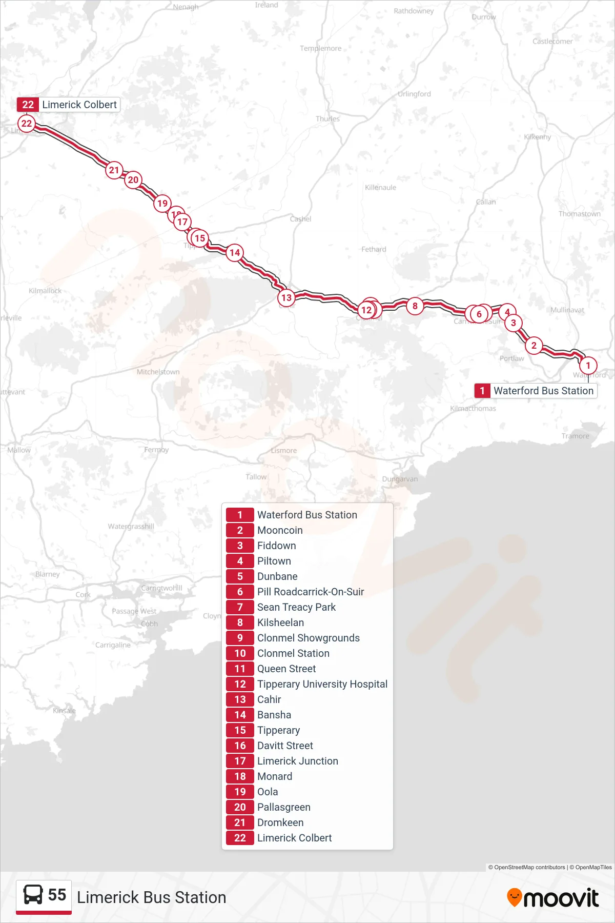 55 bus Line (Limerick Bus Station) route and stops on a map