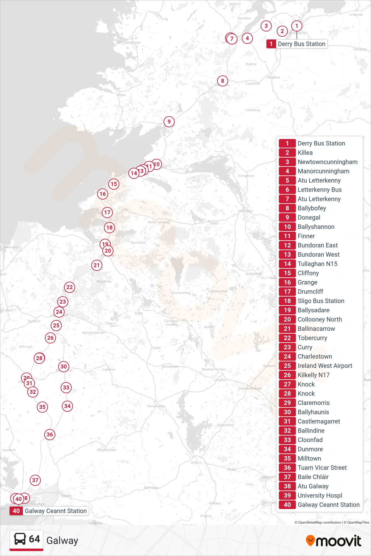 64 bus Line (Galway) route and stops on a map